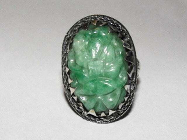 Designer Chinese Art Deco Sterling Silver Carved Jade Cabochon Ring Size ONE SIZE - 1 Thumbnail