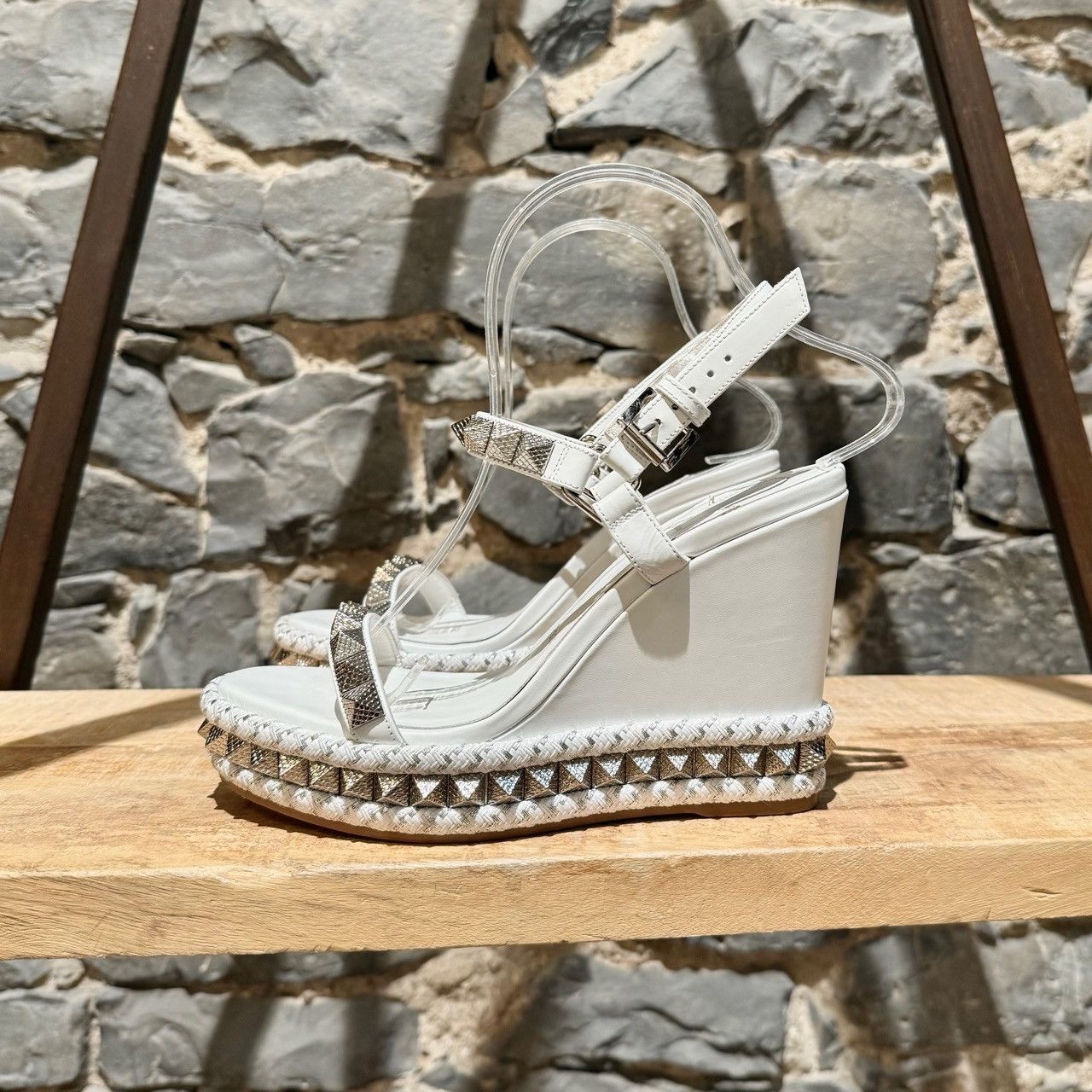 Christian Louboutin Christian Louboutin Leather Studded Pyraclou Wedge Sandals Size US 8 / IT 38 - 5 Thumbnail