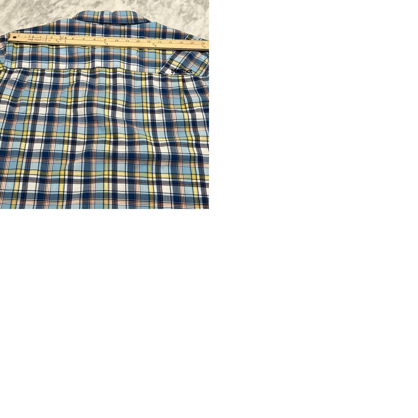 Marmot Marmot Shirt Men Large Short Sleeve Button-Up Collared Plaid Blues Yellow Pocket Casual Workwear Travel Outdoor Pattern Multicolor Cotton Polyester Size US L / EU 52-54 / 3 - 9 Thumbnail