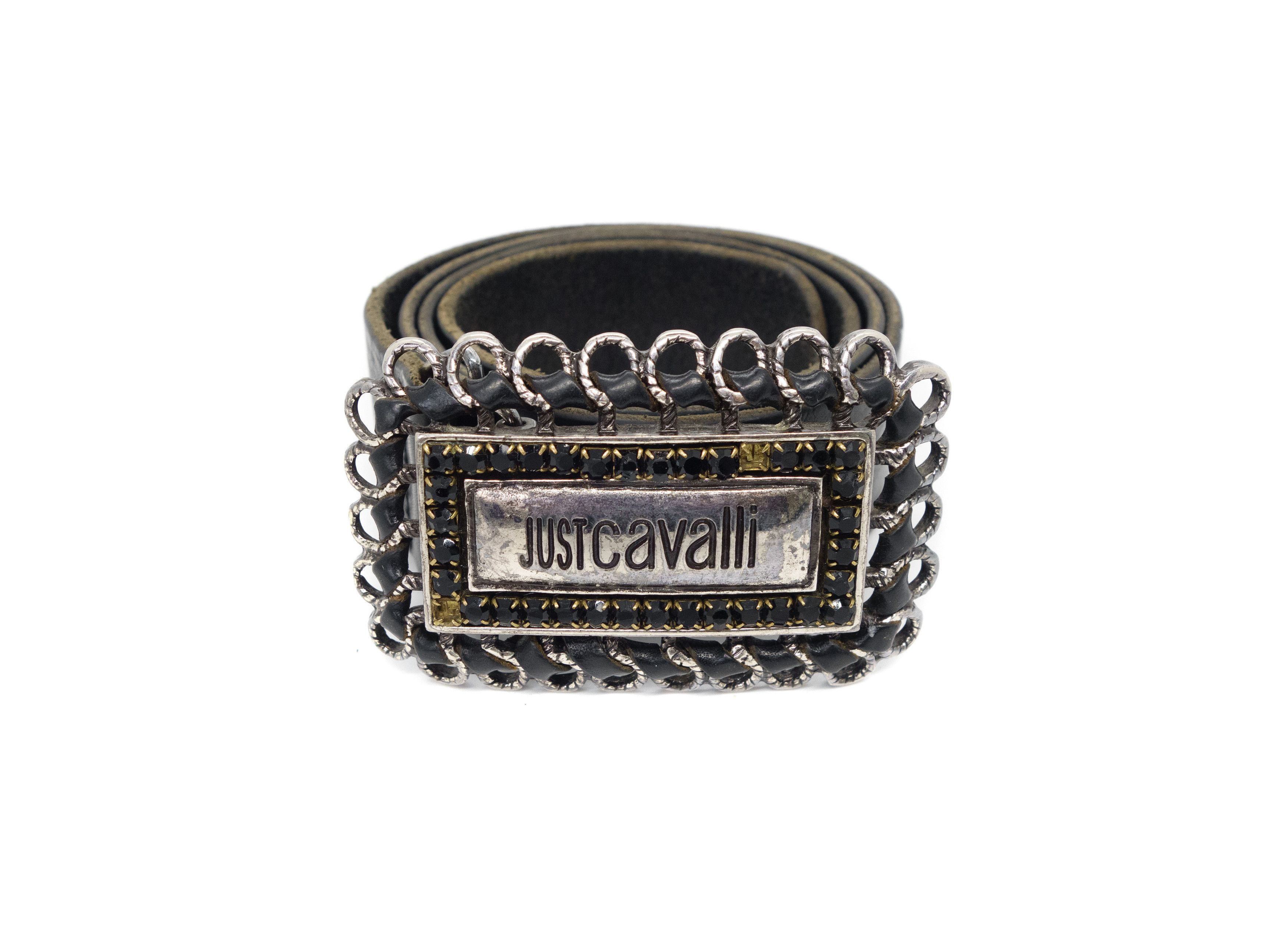 Just Cavalli Y2K Leather Crystal Encrusted Logo Plate Buckle Belt 00s Size ONE SIZE - 1 Thumbnail