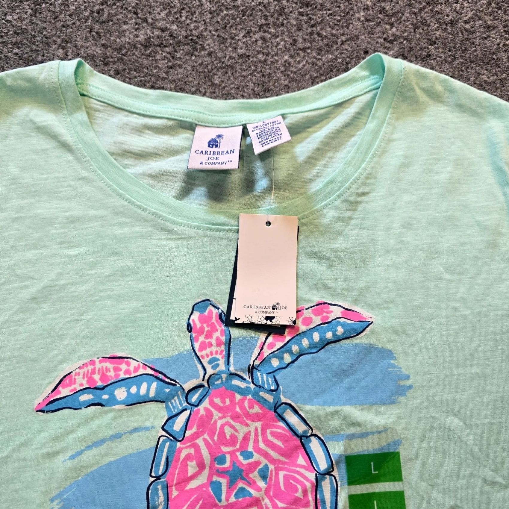 Pinko Caribbean Joe Top Womens L Green Pink Turtle Short Sleeve Casual Tropical Knit Cotton Regular Authentic Style Shirt Mens? Size L / US 10 / IT 46 - 2 Thumbnail