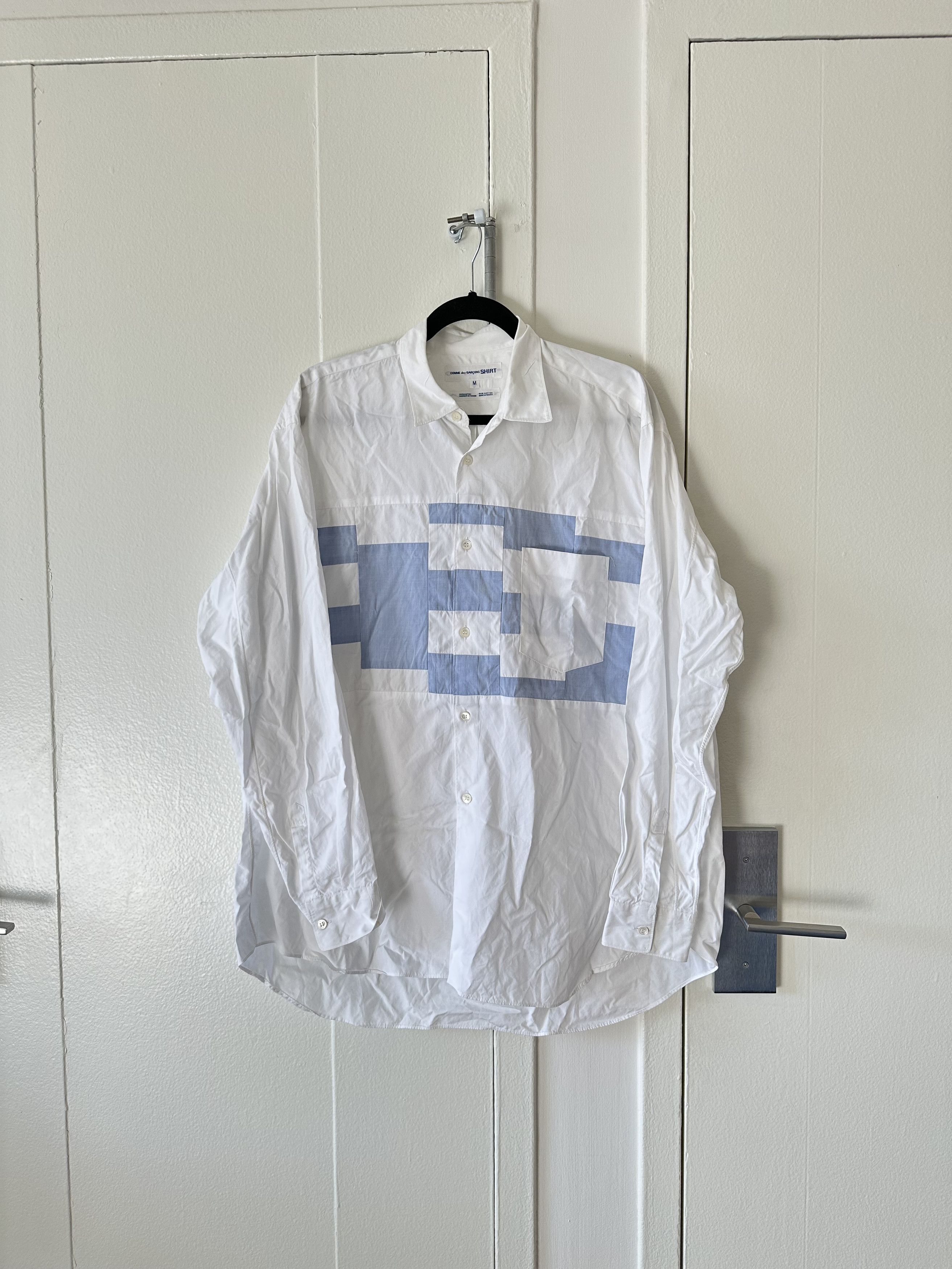 image of Comme Des Garcons x Comme Des Garcons Shirt Abstract Paneled Button Up Shirt in White Blue (Size La
