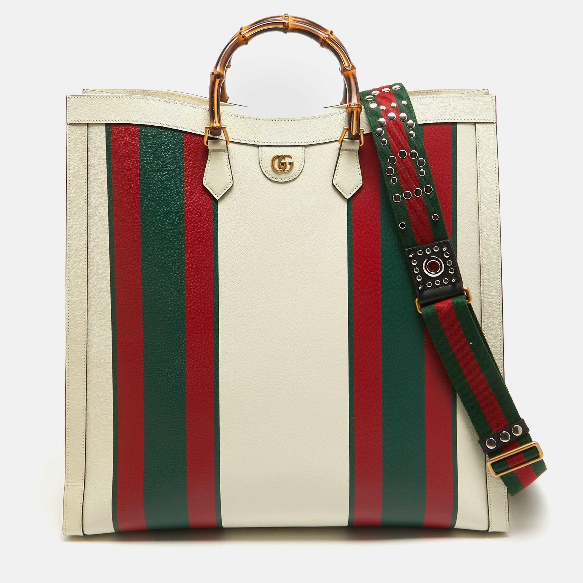 image of Gucci Off White Leather Web Print Maxi Diana Tote, Women's
