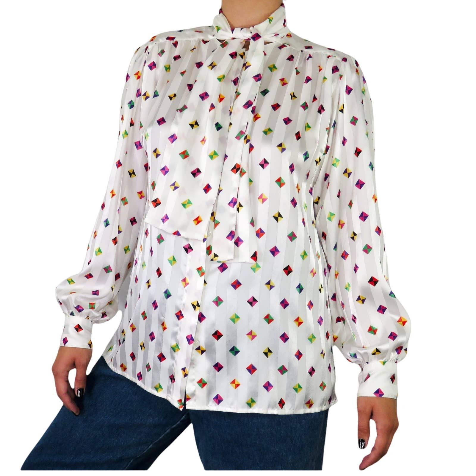 Vintage 1980s Rainbow Vintage Satin Blouse Pussybow Neck Medium Size M / US 6-8 / IT 42-44 - 1 Thumbnail