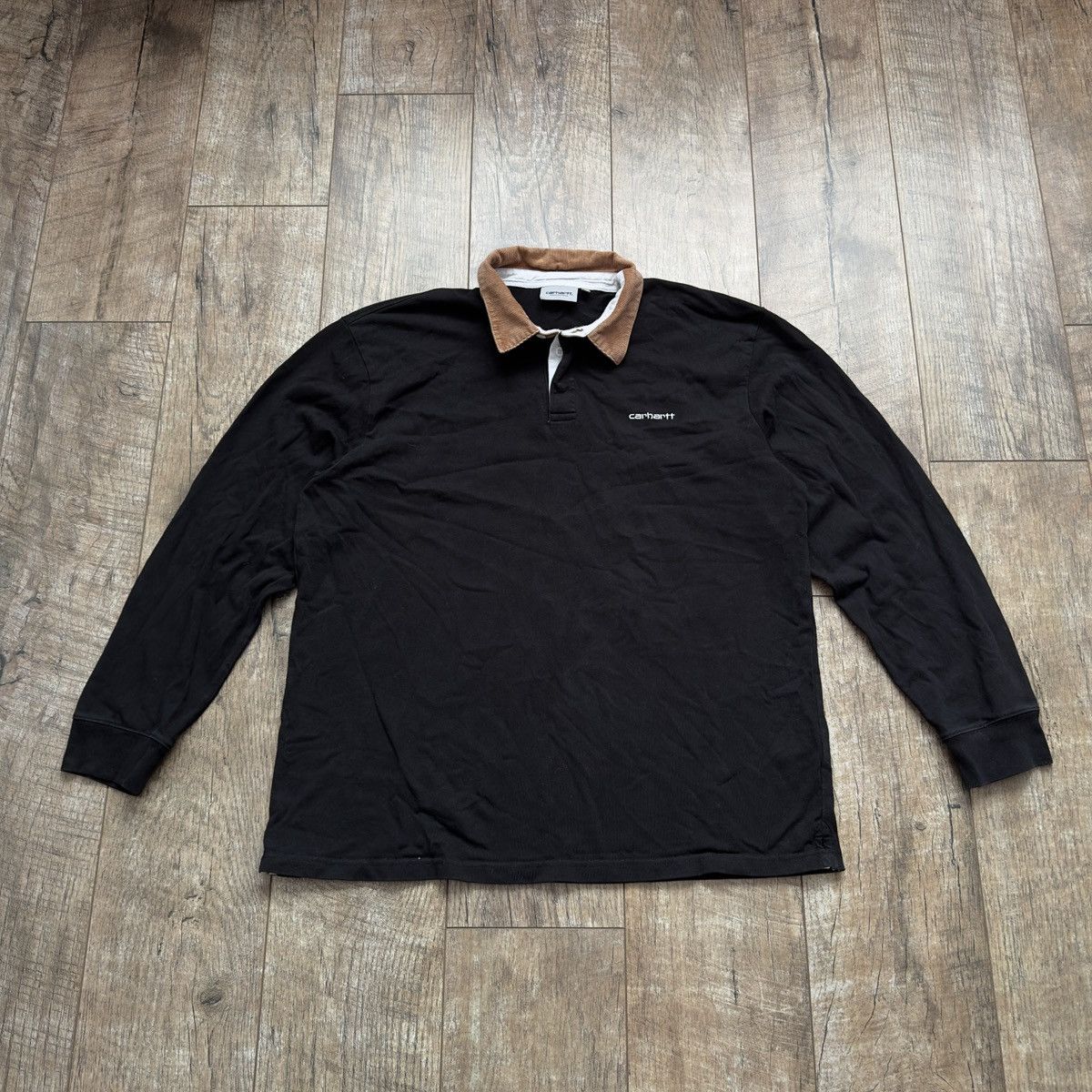 image of Carhartt Wip Corduroy Neck Long Sleeve Cord Rugby Polo in Black, Men's (Size 2XL)