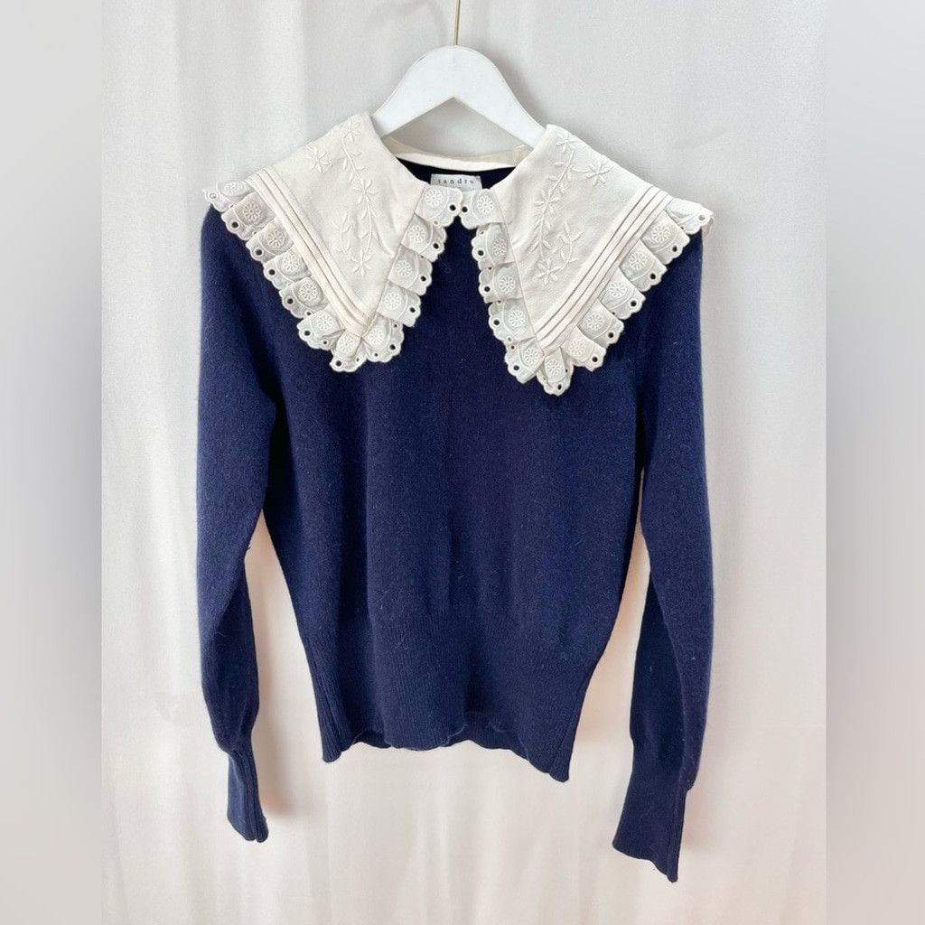 Sandro Sandro Sivane Navy Wool Pilgrim Collar Sweater Size 2(S) Size S / US 4 / IT 40 - 4 Thumbnail