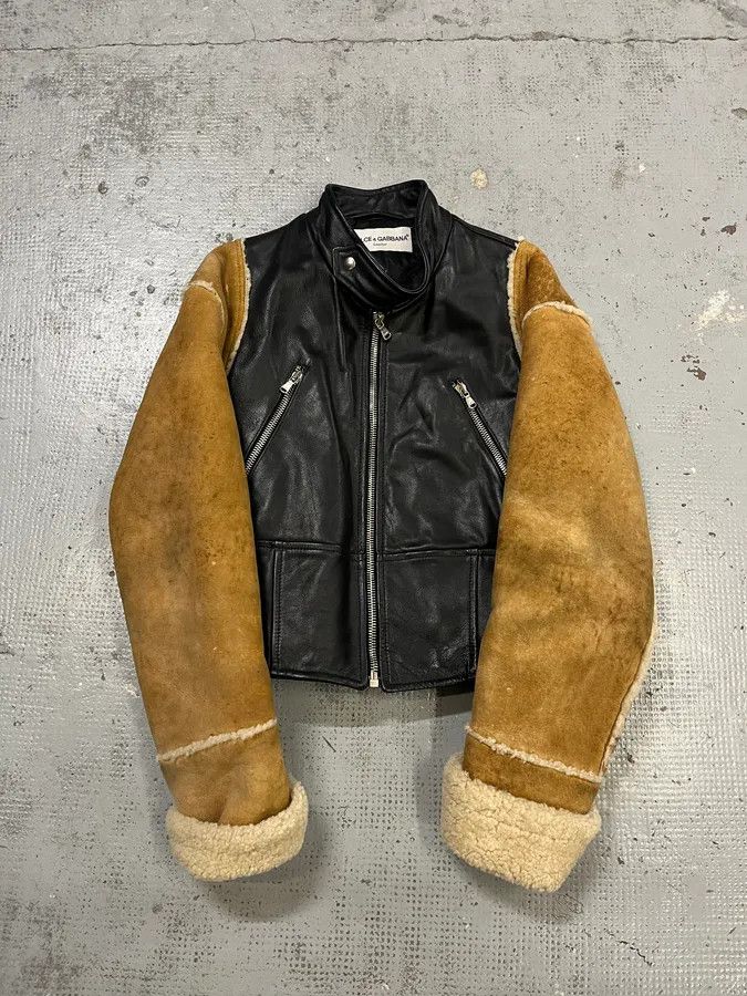 AW2001 Dolce & Gabbana Black Leather Crop Moto Jacket Contrast Suede Sleeves