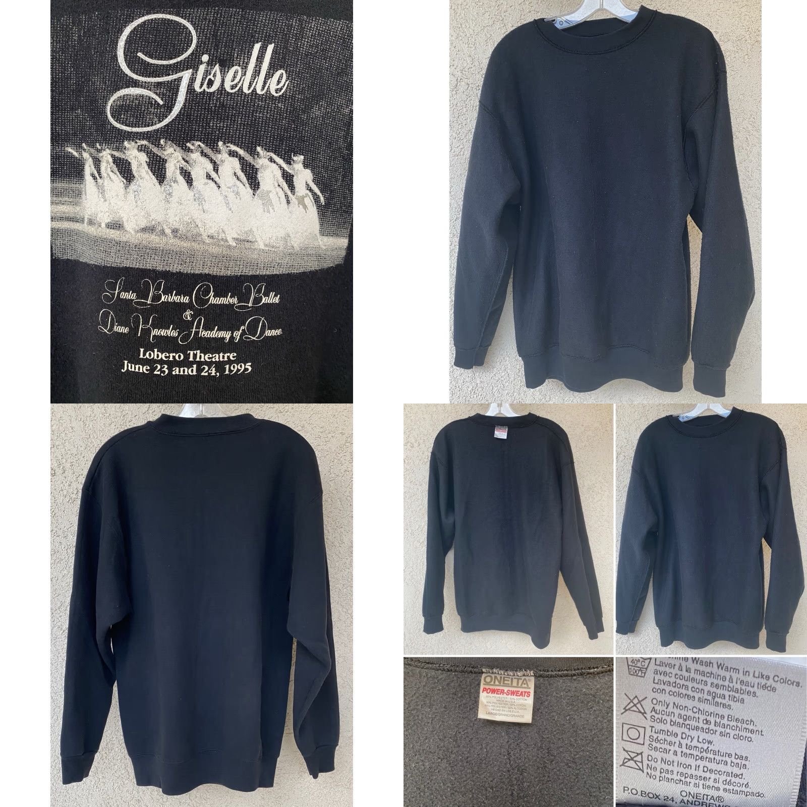 Vintage VINTAGE Oneita Giselle Hoodie Shirt Adults L Black Graphic Print Lobero Theatre 1995 USA Size US L / EU 52-54 / 3 - 8 Thumbnail