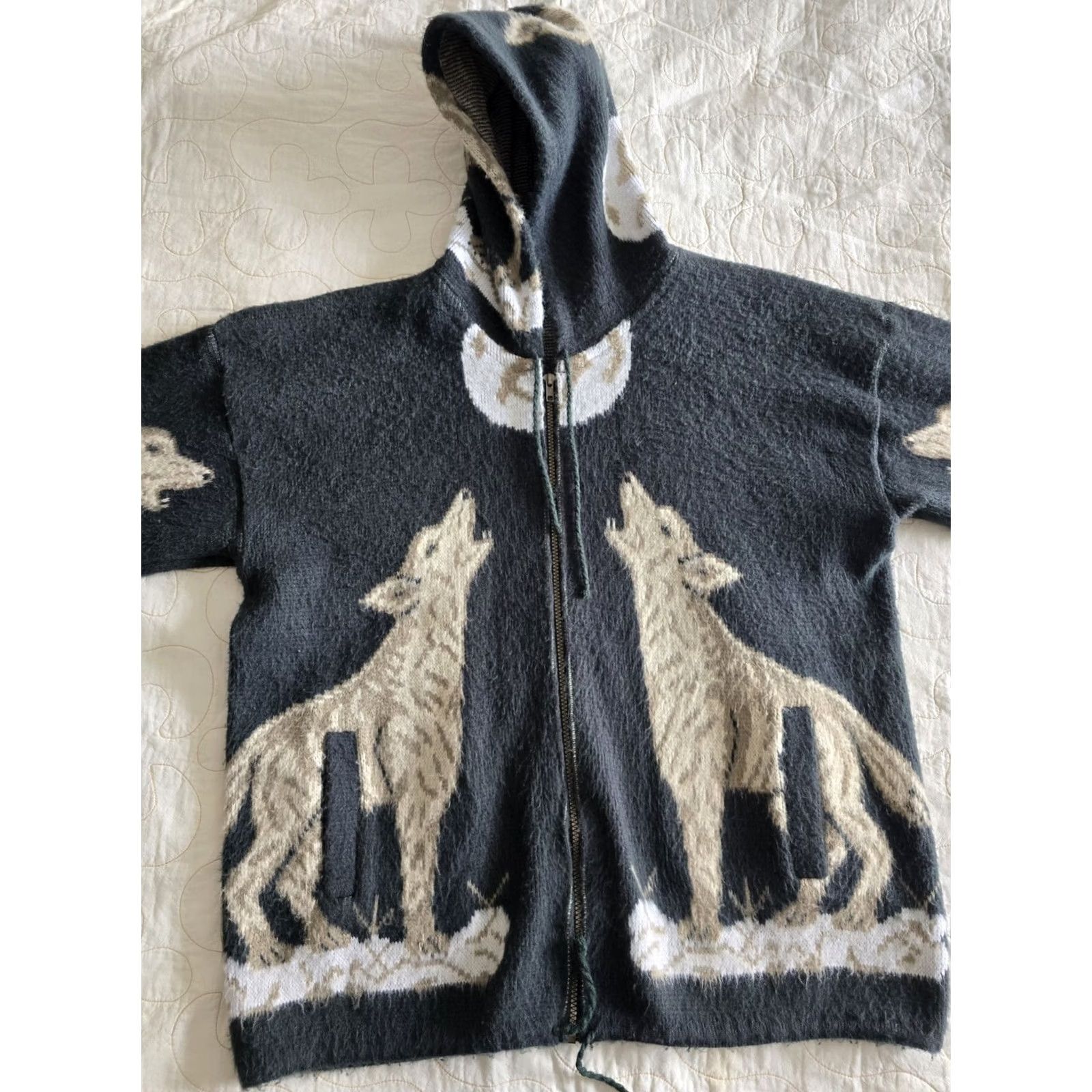 Vintage VINTAGE Howling Wolf & Moon Green Wool Jacket. Adult XL 2XL. Ecuador Mens Size US XL / EU 56 / 4 - 3 Thumbnail