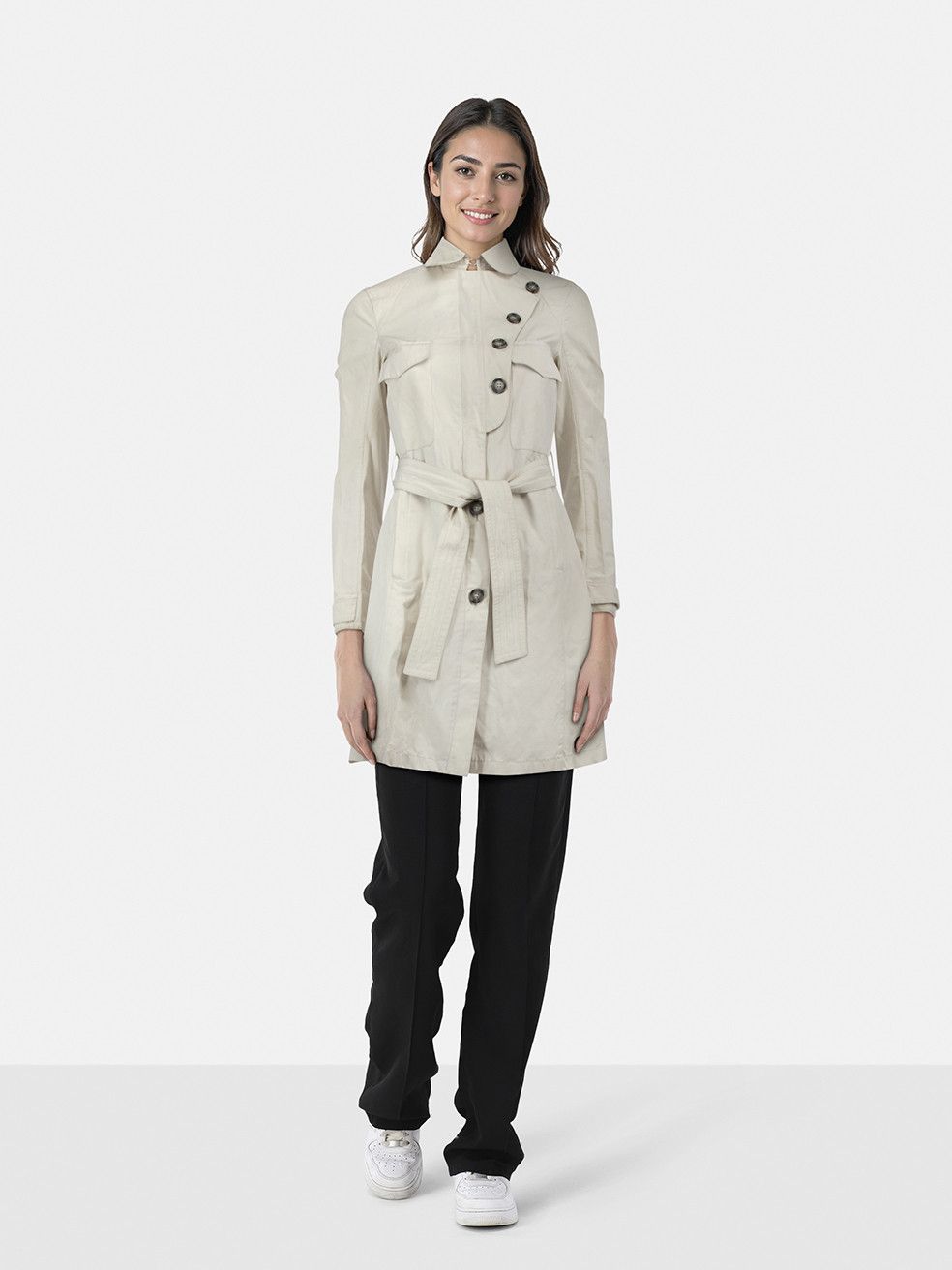Ecru Belted Button Up Trench Coat