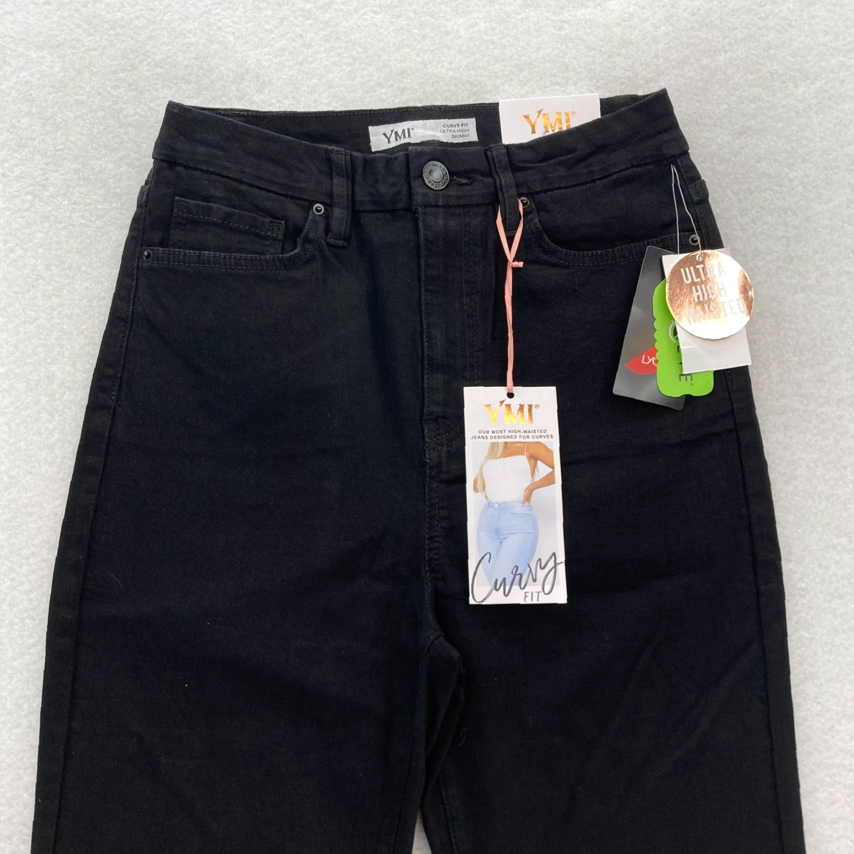 Vintage YMI Jeans Juniors Curvy Skinny Ultra High Waisted Black Stretch Denim 9/29 Slim Rise High Women Jeans Size 30" / US 8 / IT 44 - 2 Thumbnail