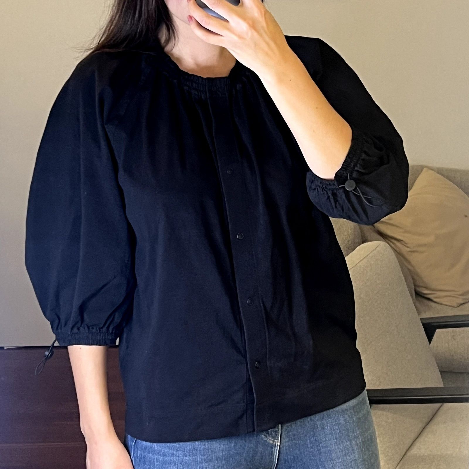 Cos COS Button Black Blouse size S Cotton Crew neck 3/4 Sleeve Size S / US 4 / IT 40 - 2 Thumbnail