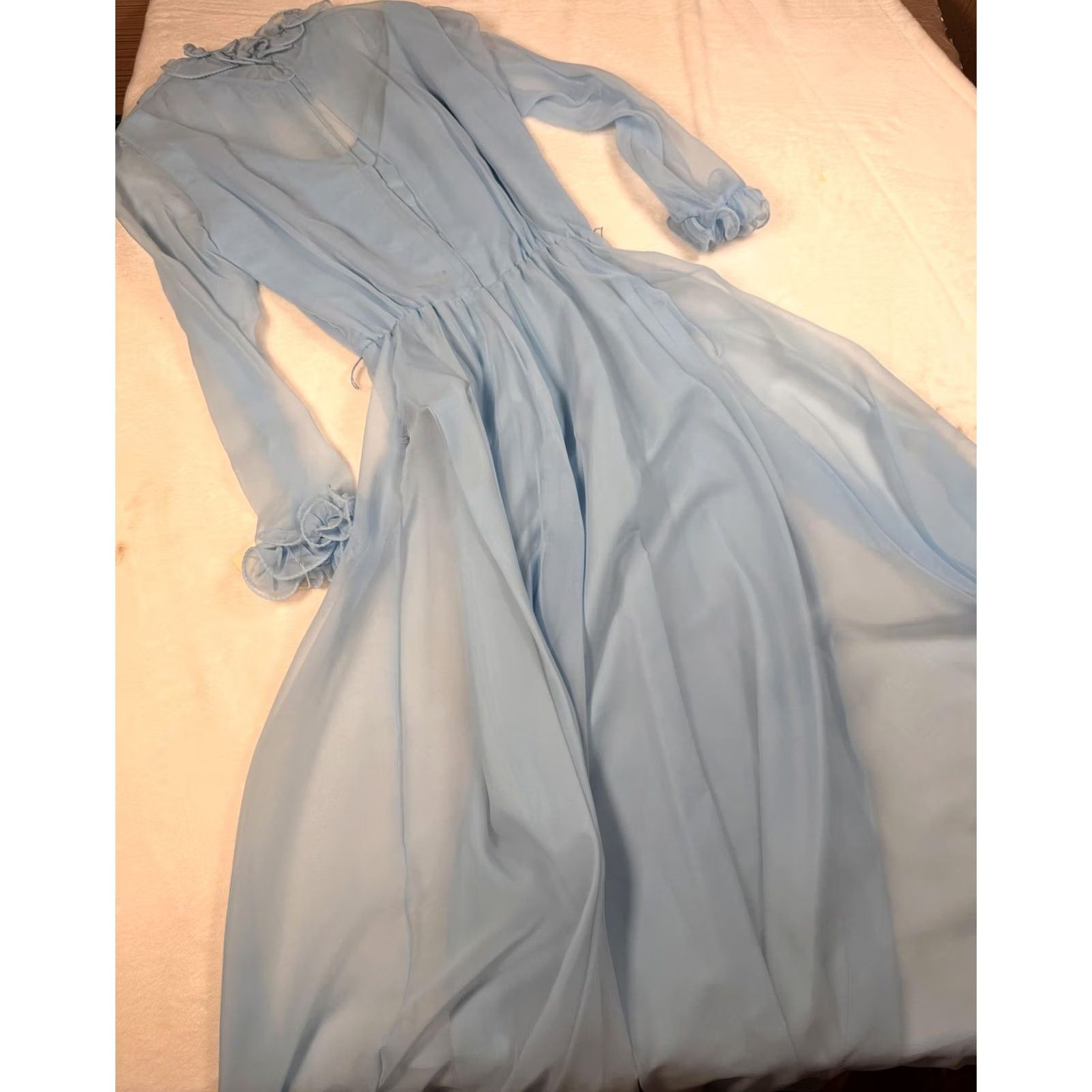 Vintage VINTAGE Miss Elliette Dress 14 Blue Chiffon High Neck Maxi Gown Ruffle Womens Size XL / US 12-14 / IT 48-50 - 7 Thumbnail
