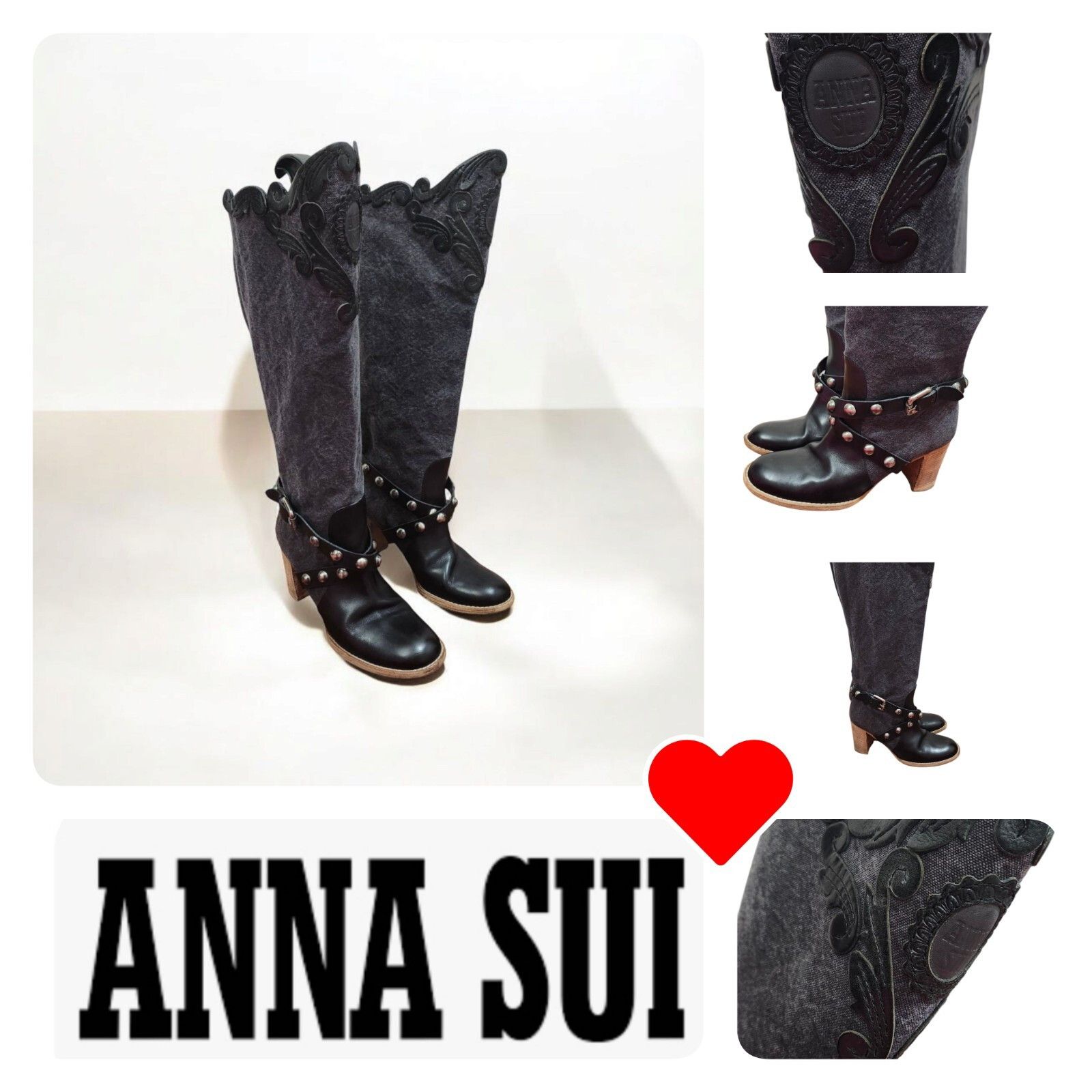 Anna Sui Tall Boots Round Toe & High Heel Shoes Sailcloth With L in Black, Women's (Size 10)