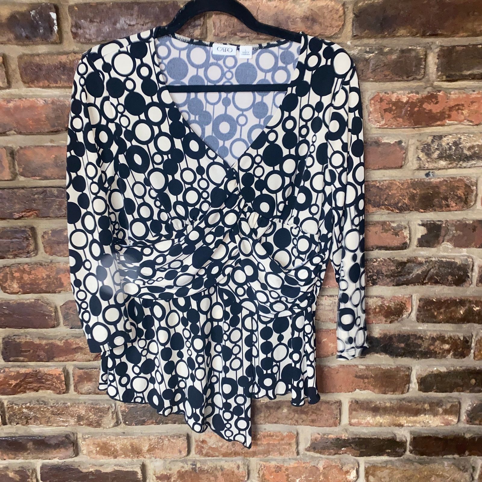 Cartoon Network Cato Beige Black Circle Polka Dot Print Draped Blouse Large Size L / US 10 / IT 46 - 1 Thumbnail