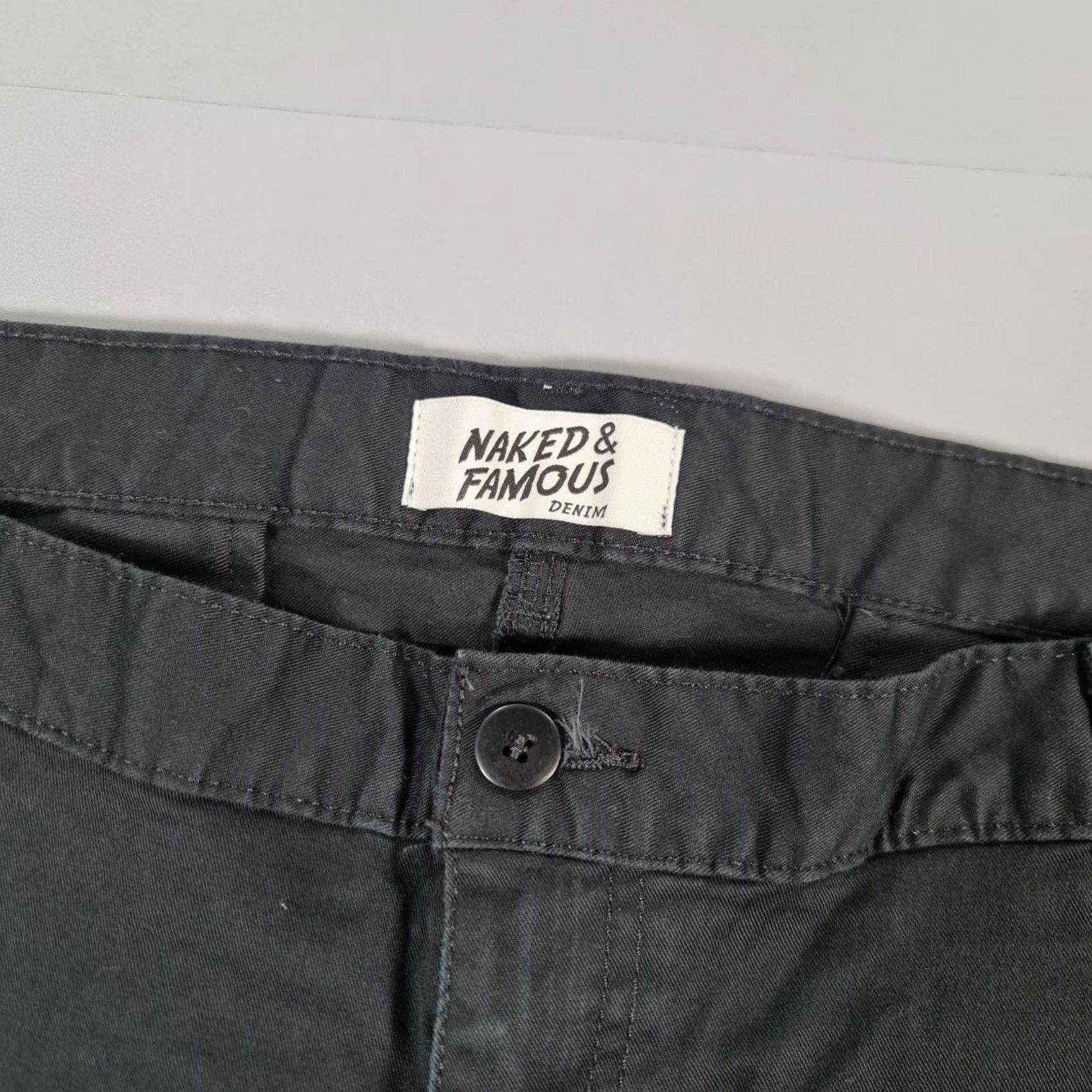 Vintage Naked & Famous Mens Chino Trousers Black W40 L31 Slim Stretch Japanese Fabric Denim Flat Front Zip Pocket Size US 40 / EU 56 - 3 Thumbnail