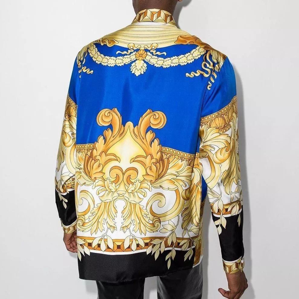 Versace $1350 VERSACE Gold and Blue Floral Baroque Medusa Silk Shirt Size 52L - 5 Thumbnail