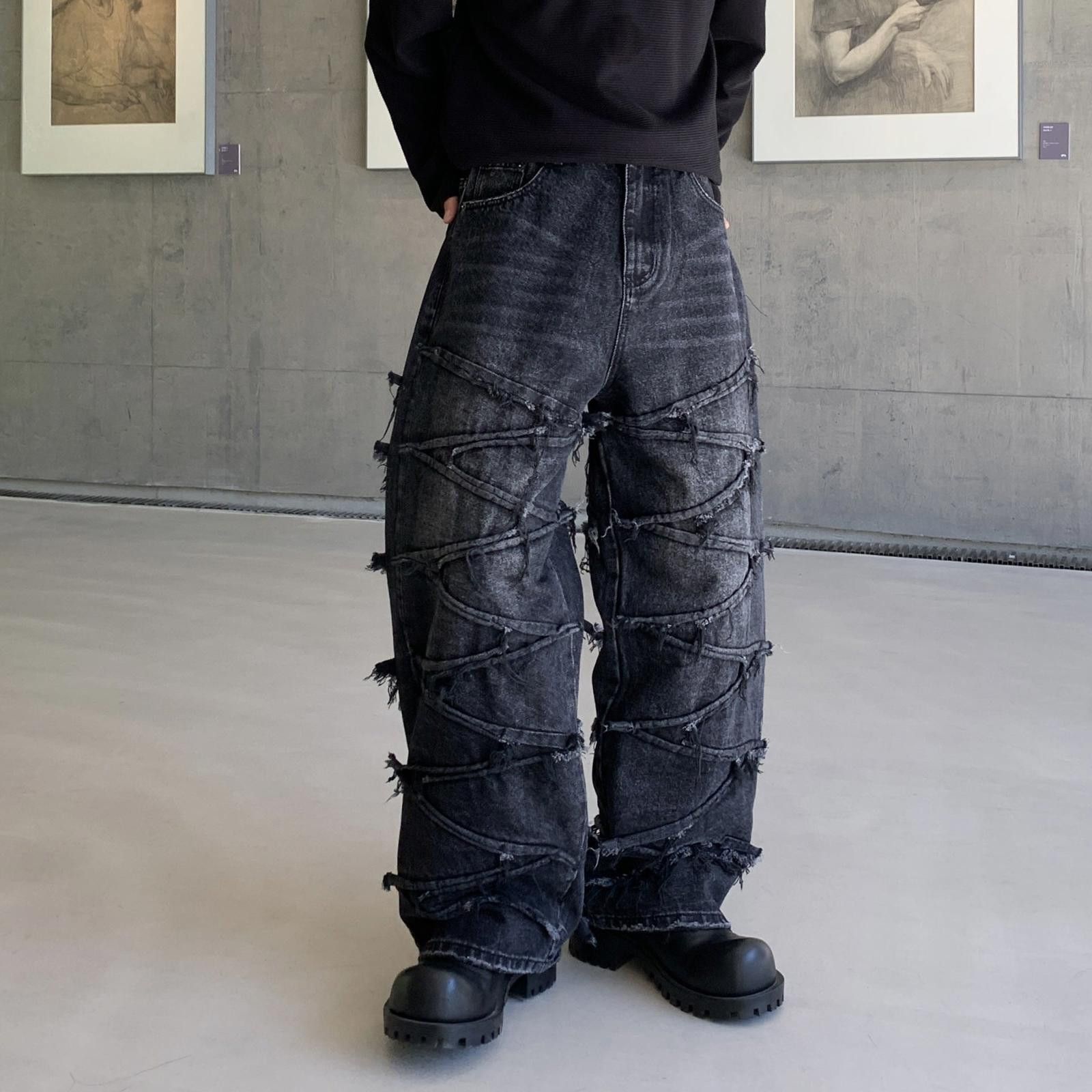 Japanese Brand Distressed Wide Leg Denim Jeans, Baggy Fit Jeans Size US 30 / EU 46 - 5 Thumbnail
