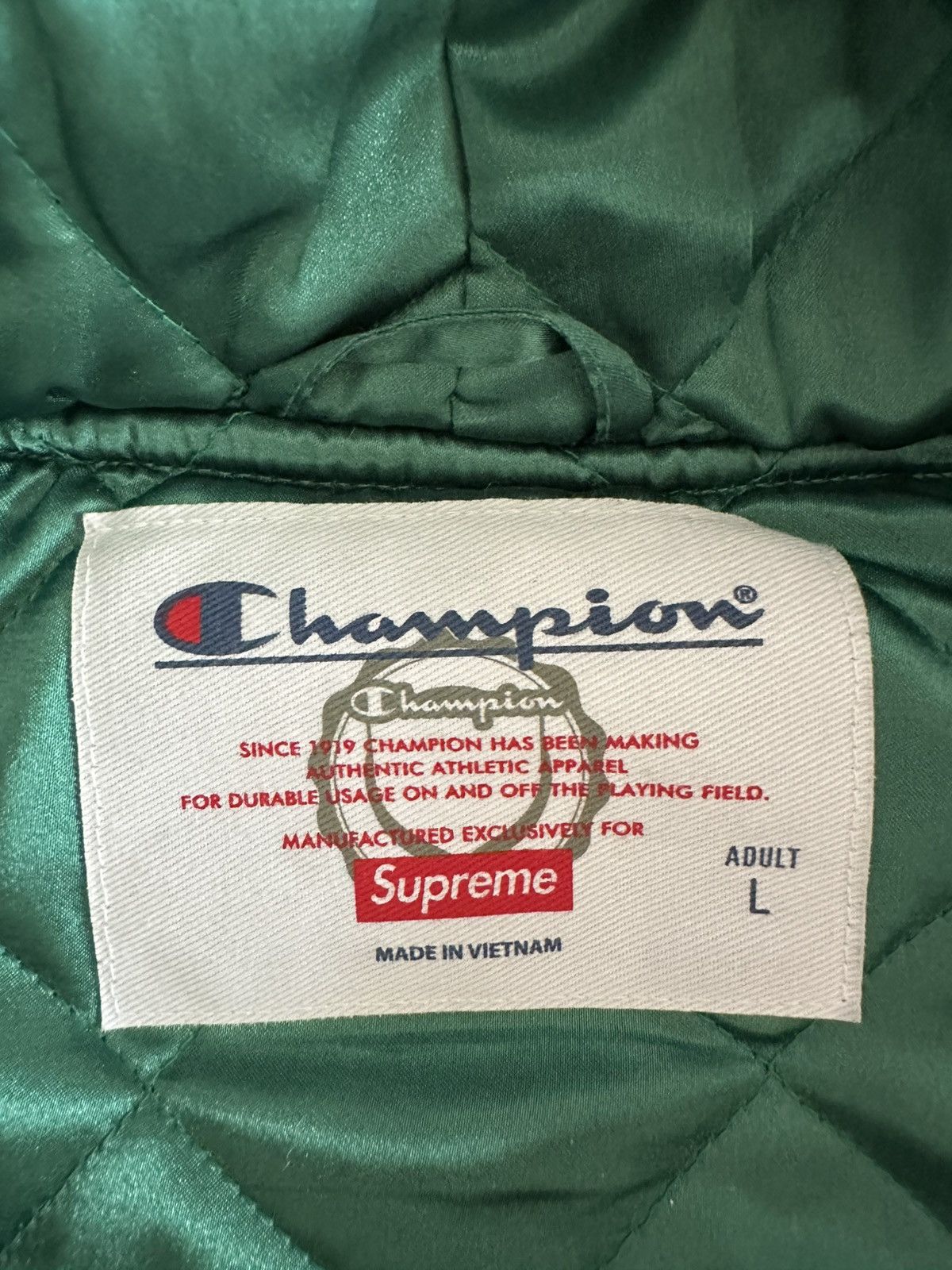 Champion × Supreme Supreme x Champion Satin Hooded Varsity Jacket - Green Size US L / EU 52-54 / 3 - 3 Thumbnail