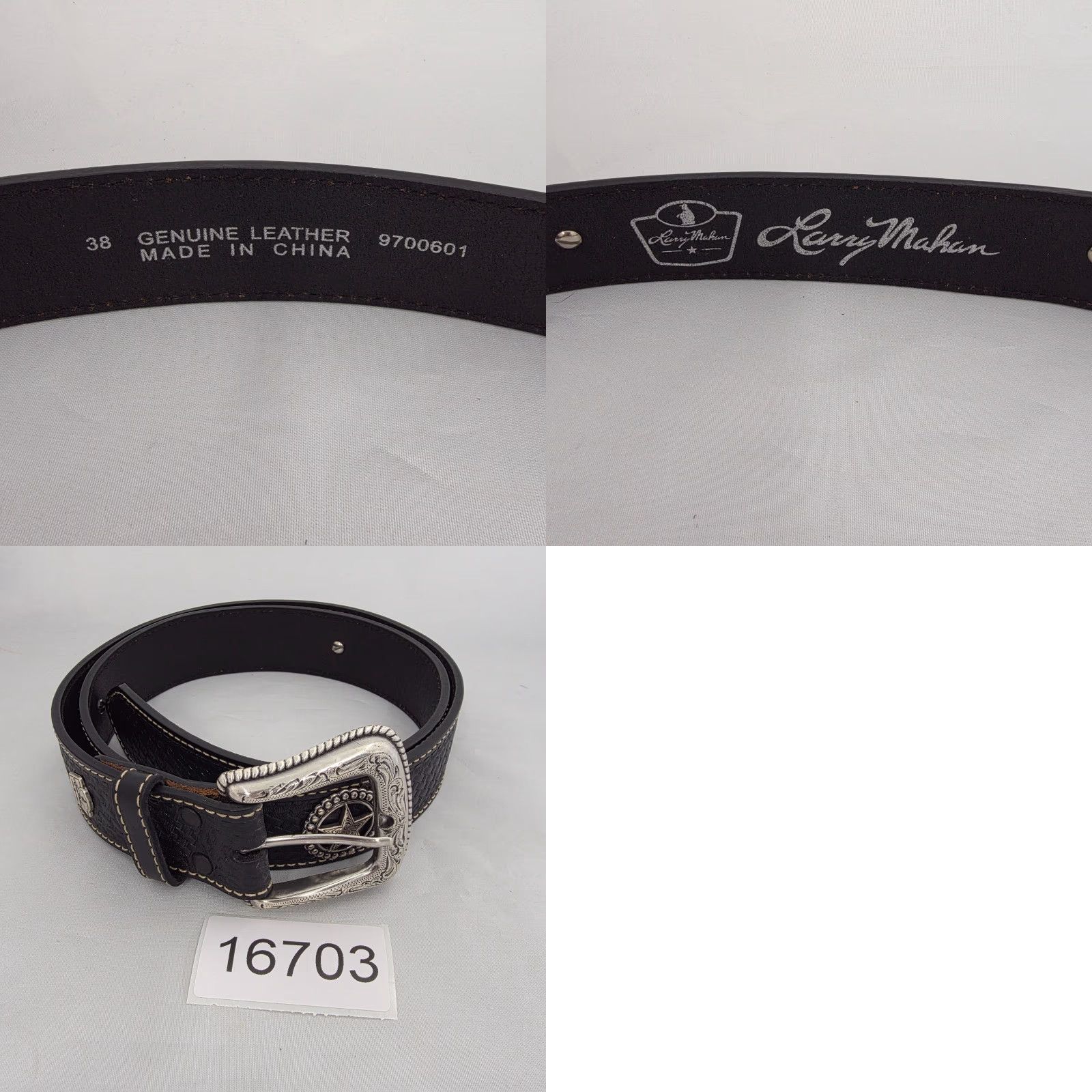 Vintage LARRY MAHAN Western Belt Buckle Black Genuine Leather Silver Stars Men’s Size 38 Belt Size 38 - 8 Thumbnail