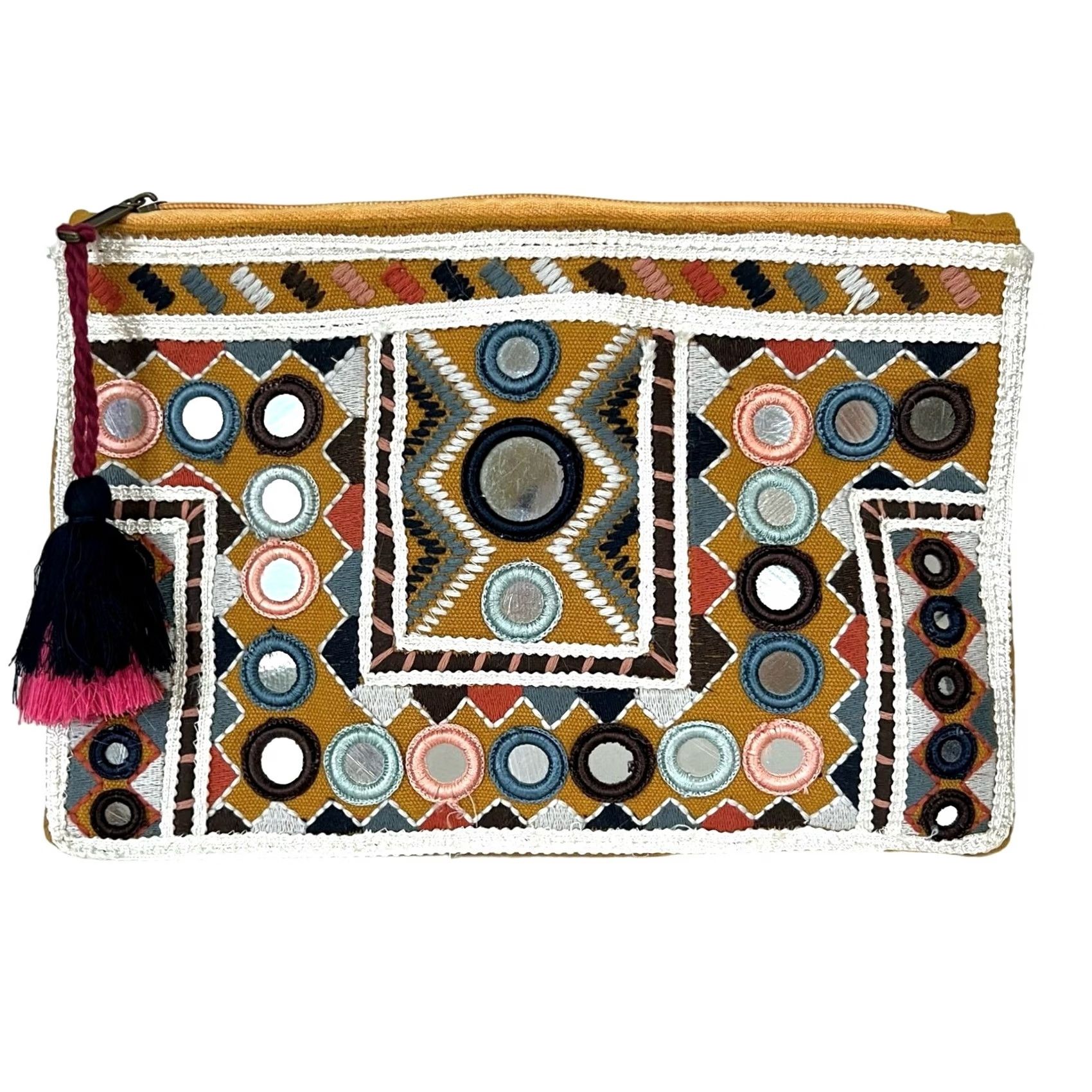 Vintage Lovestitch Zip Pouch Clutch Boho Mirrored Embroidered Tassel Mini Bag Size ONE SIZE - 2 Thumbnail