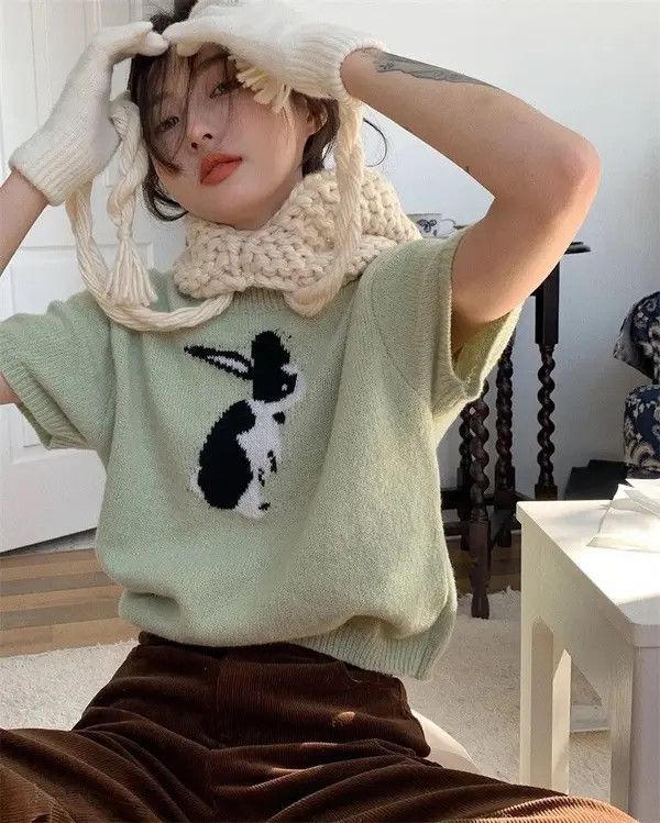 Rabbit Summer Knitted T-Shirts Women O-Neck