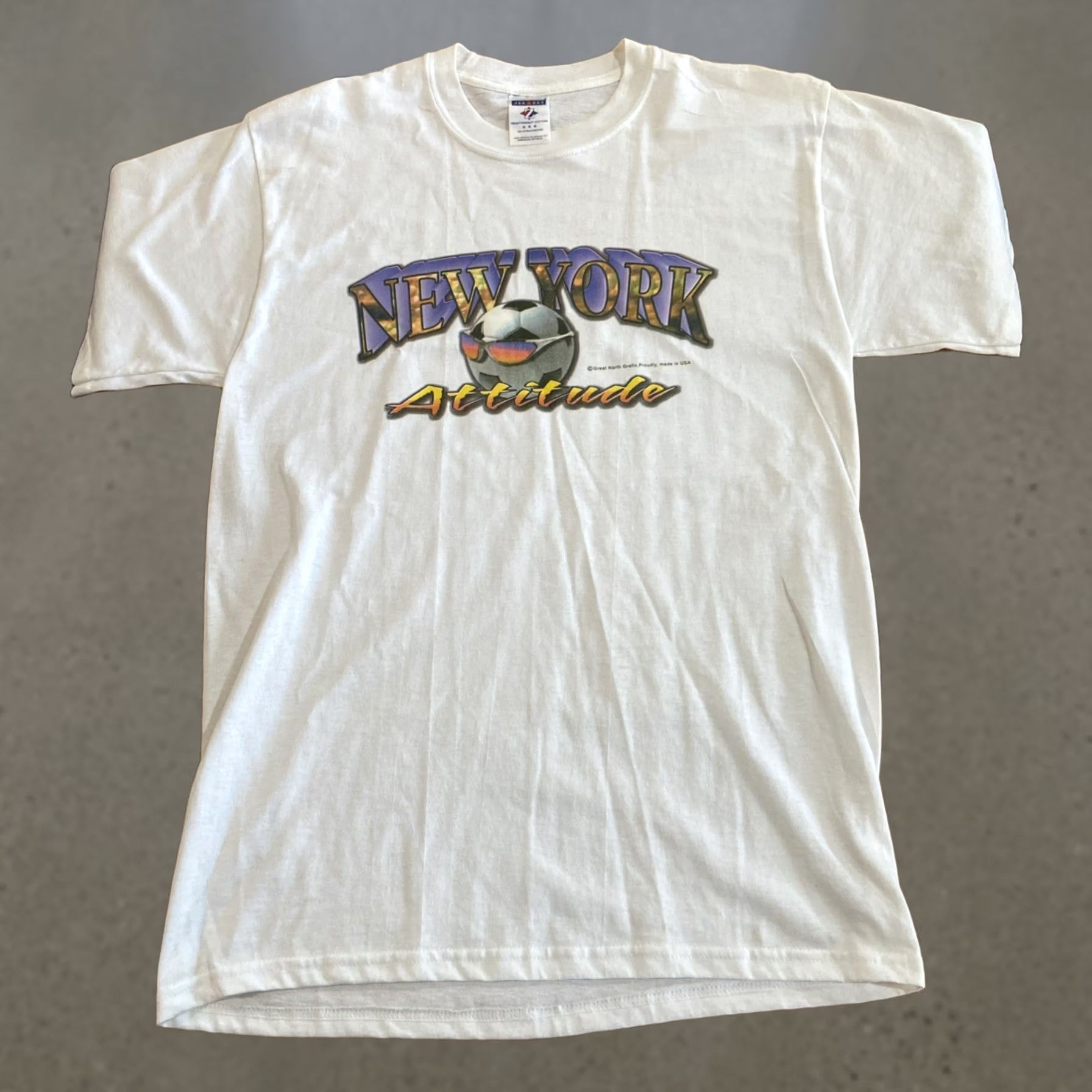 Jerzees VINTAGE 90s Y2K Shirt M New York Attitude Soccer Ball T Shirt White Nike Shirt Long-Form? Size US XL / EU 56 / 4 - 1 Thumbnail