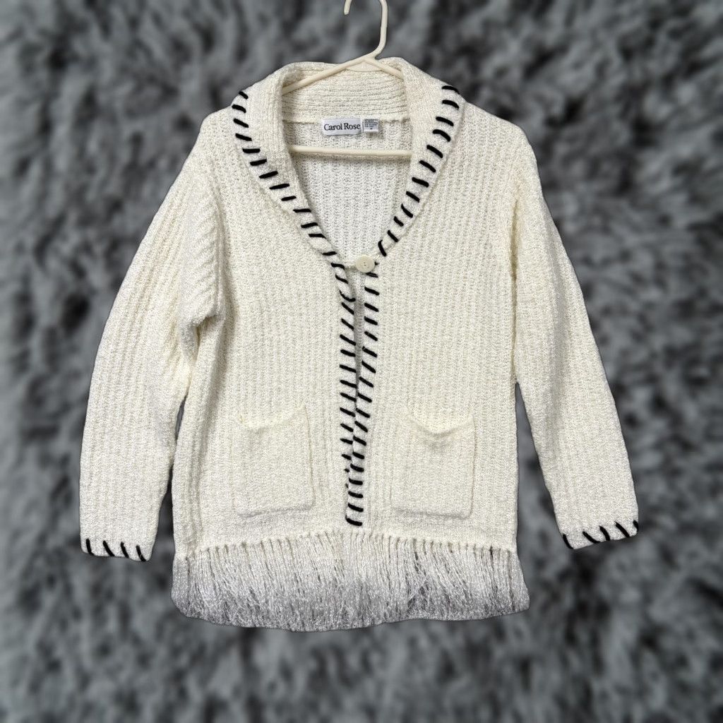 Vintage Carol Rose Cardigan Sweater Womens M Cream Fringe Knit Boho Festival Coquette Size M / US 6-8 / IT 42-44 - 1 Thumbnail