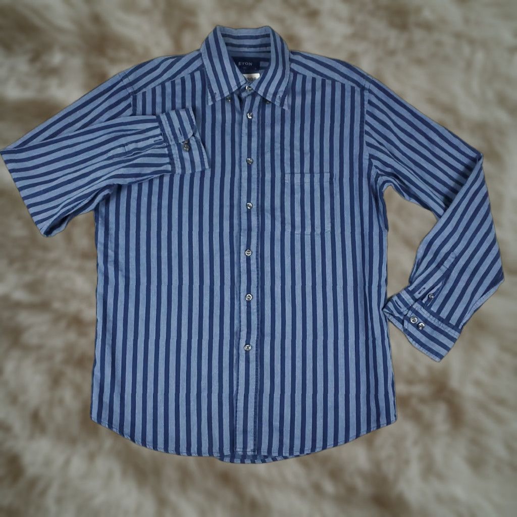 Eton Eton Mens Dress Shirt Striped Blue 16 41 Large Long Sleeve Button Up Collared Classic 100% Cotton Regular Size 42R - 1 Thumbnail