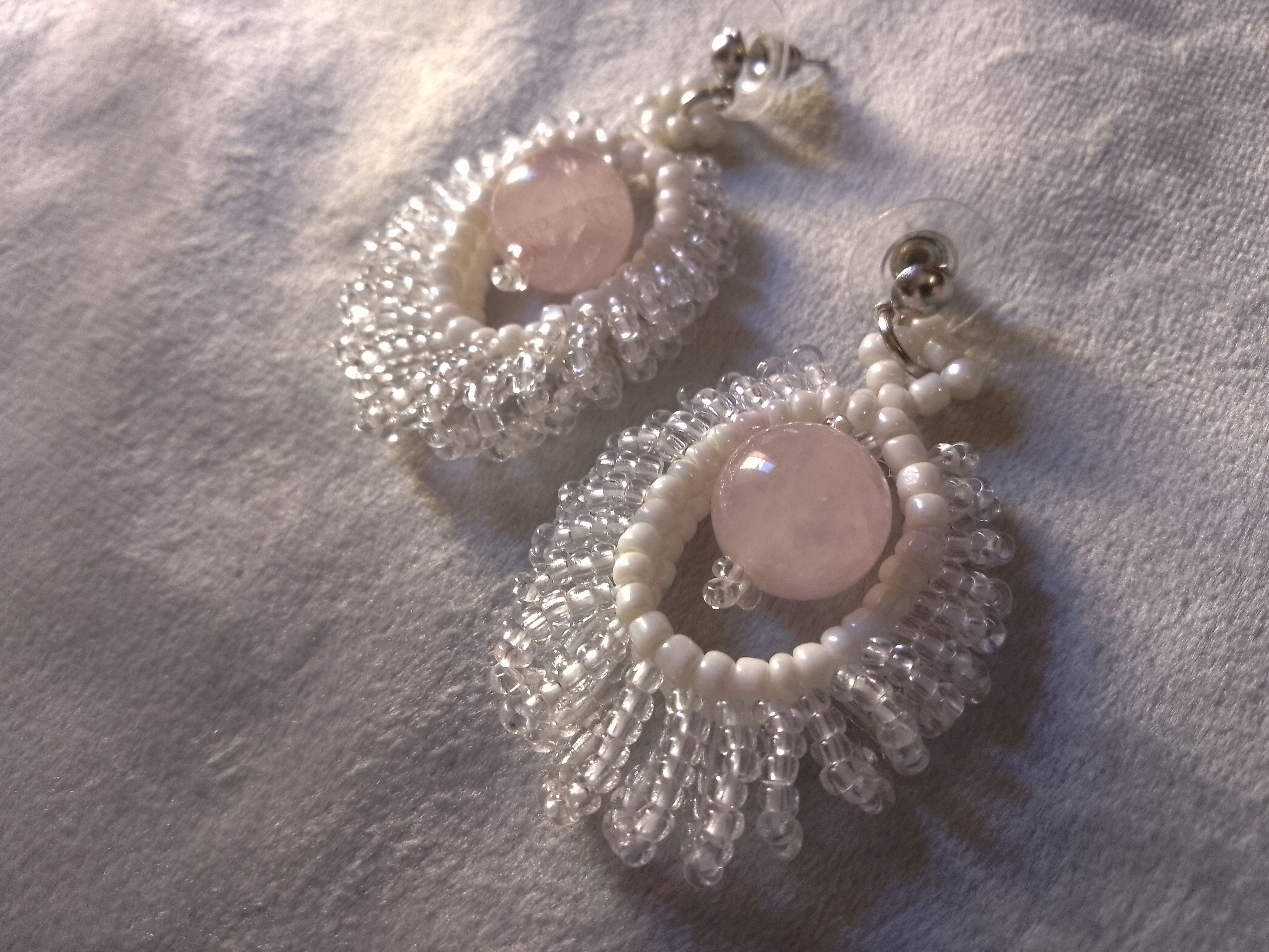 Handmade Earrings. Rose quartz. Glass beads. Circle shape. Elegant Size ONE SIZE - 5 Thumbnail