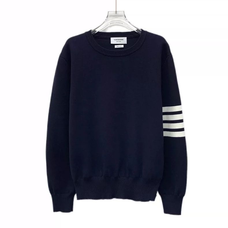 Thom Browne Thom browne Dark blue classic four-bar cotton round-neck lo Size US L / EU 52-54 / 3 - 1 Thumbnail