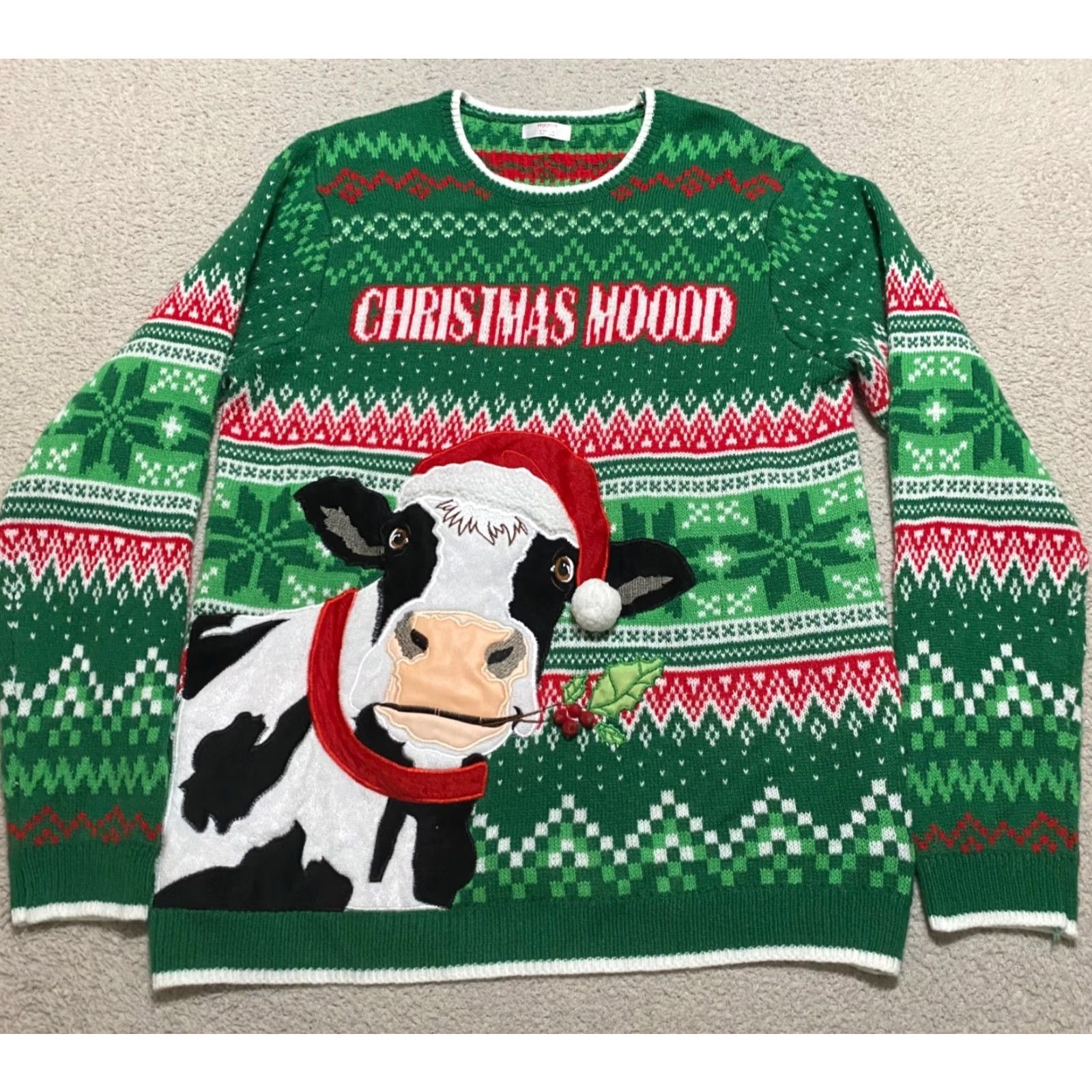 Vintage Holiday Time Mens Large Ugly Christmas Sweater Green Mood Cow Crew Neck Size US L / EU 52-54 / 3 - 2 Thumbnail