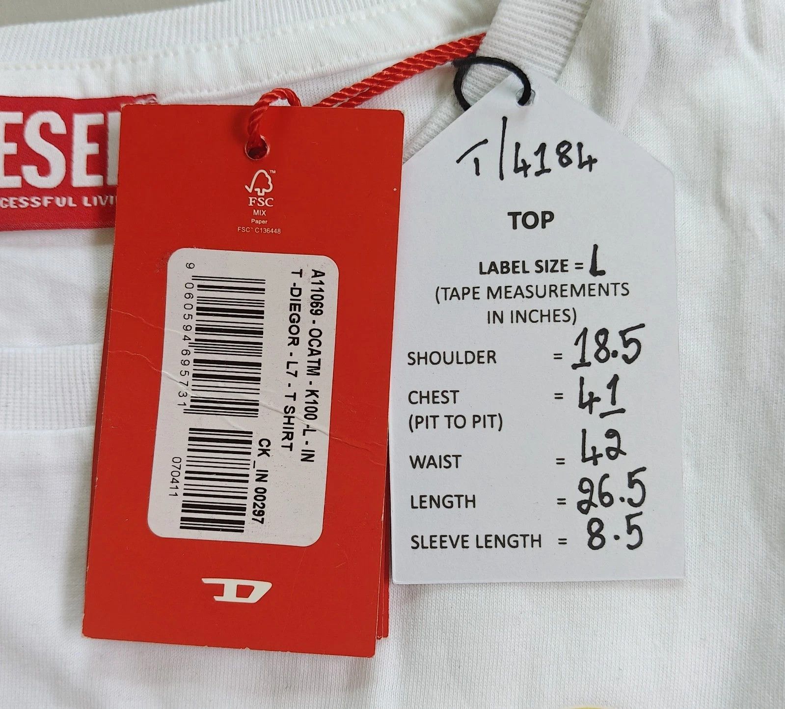 Diesel DIESEL White T-shirt with DSL 78 Denim print T 4184 Size US L / EU 52-54 / 3 - 5 Thumbnail