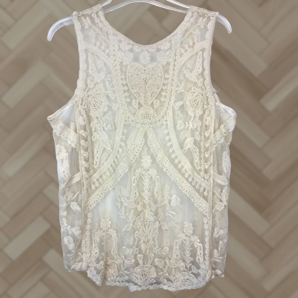 Vintage Ivory Sheer Embroidered Lace Tank Top Medium Womens Festival Boho Hippie Size S / US 4 / IT 40 - 1 Thumbnail