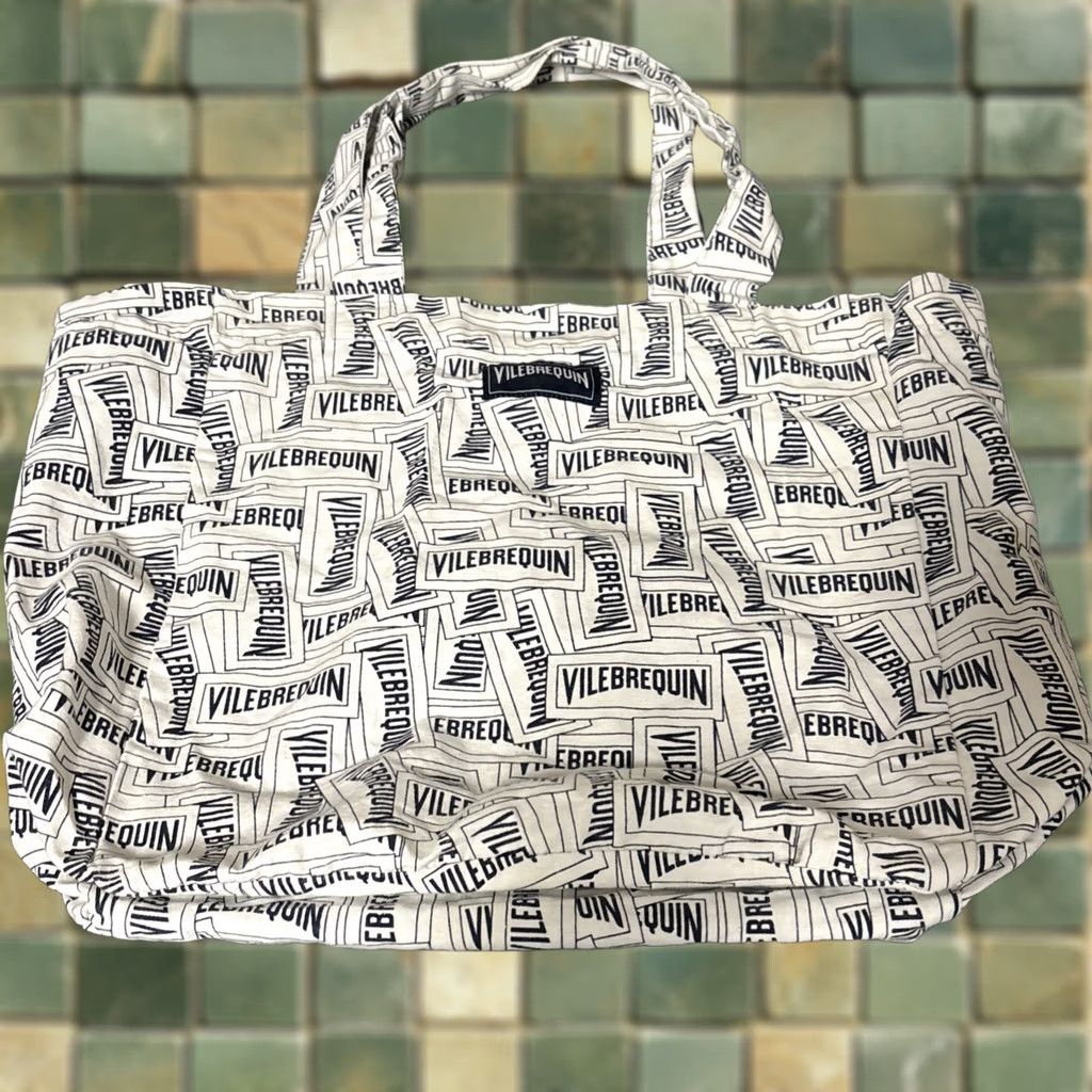 Vintage Villebrequin Tote Bag Logo All Over Print Medium White Black Unisex Adults White Cotton Tote Medium White Black Size ONE SIZE - 1 Thumbnail