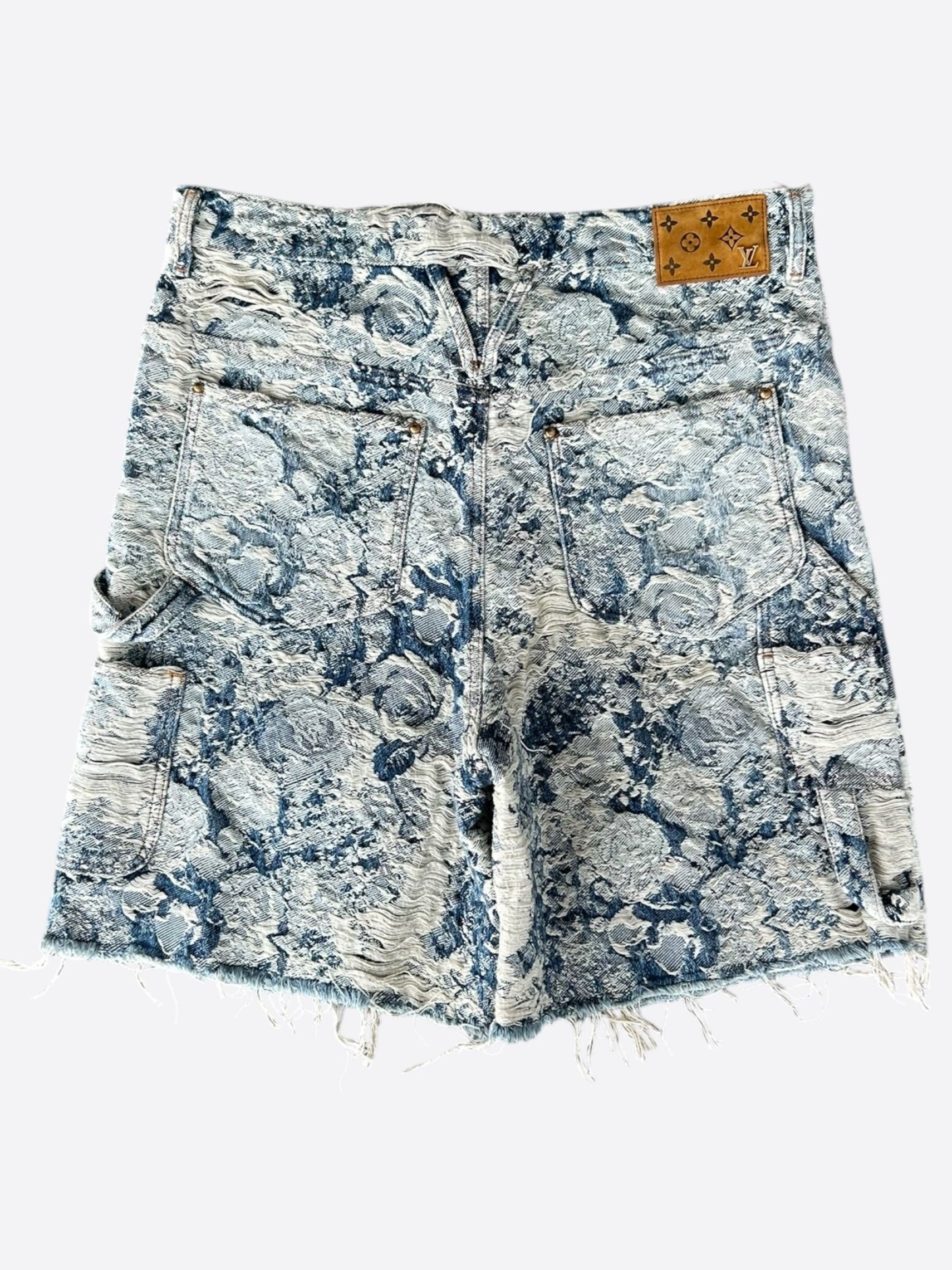 Louis Vuitton Blue & White Floral Distressed Carpenter Shorts Size US 33 - 2 Thumbnail