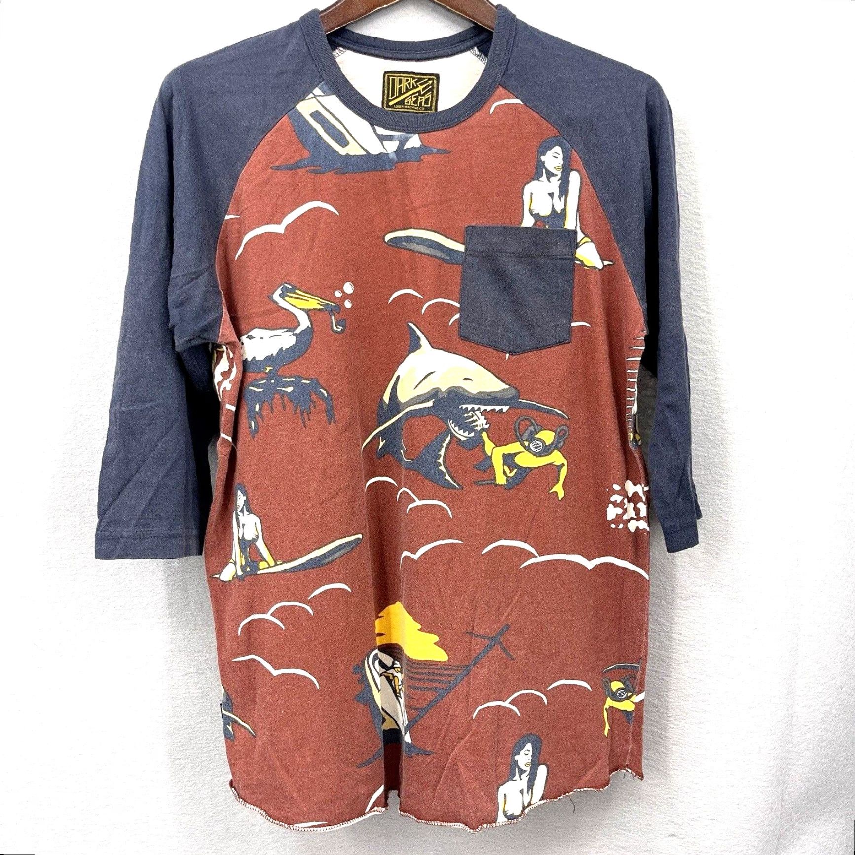 Vintage Dark Seas Men's T-Shirt S Blue Shark Mermaid Raglan Graphic Print Preppy Core Vintage Size US S / EU 44-46 / 1 - 2 Thumbnail