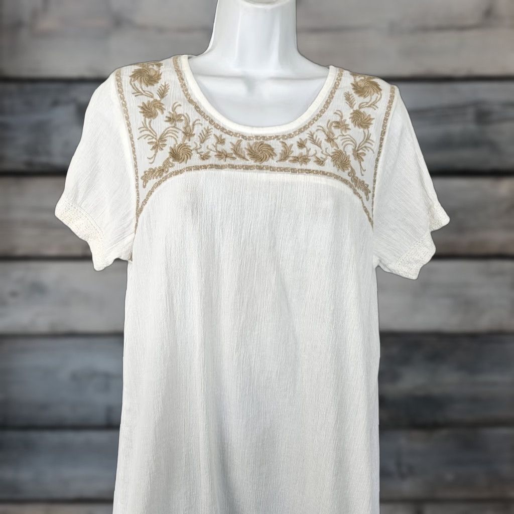 Vintage Garnet Hill Womens Embroidered Tunic M White Tan Semi Sheer Short Sleeve Blouse Womens Tunic Embroidered Sheer Cotton Size M Size 32" / US 10 / IT 46 - 1 Thumbnail