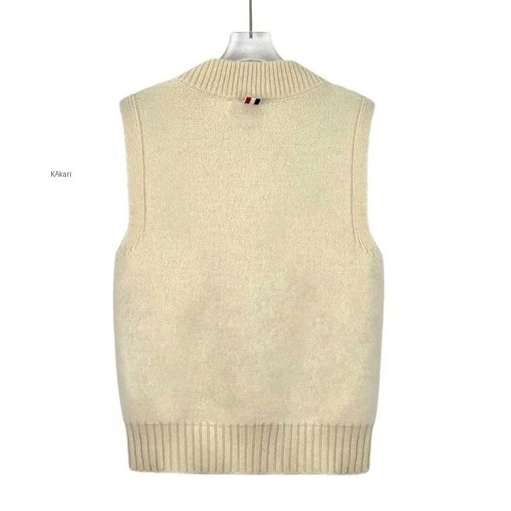 Thom Browne THOM BROWNE Beige Striped Wool V-Neck Sleeveless Knit Vest Size US M / EU 48-50 / 2 - 2 Thumbnail