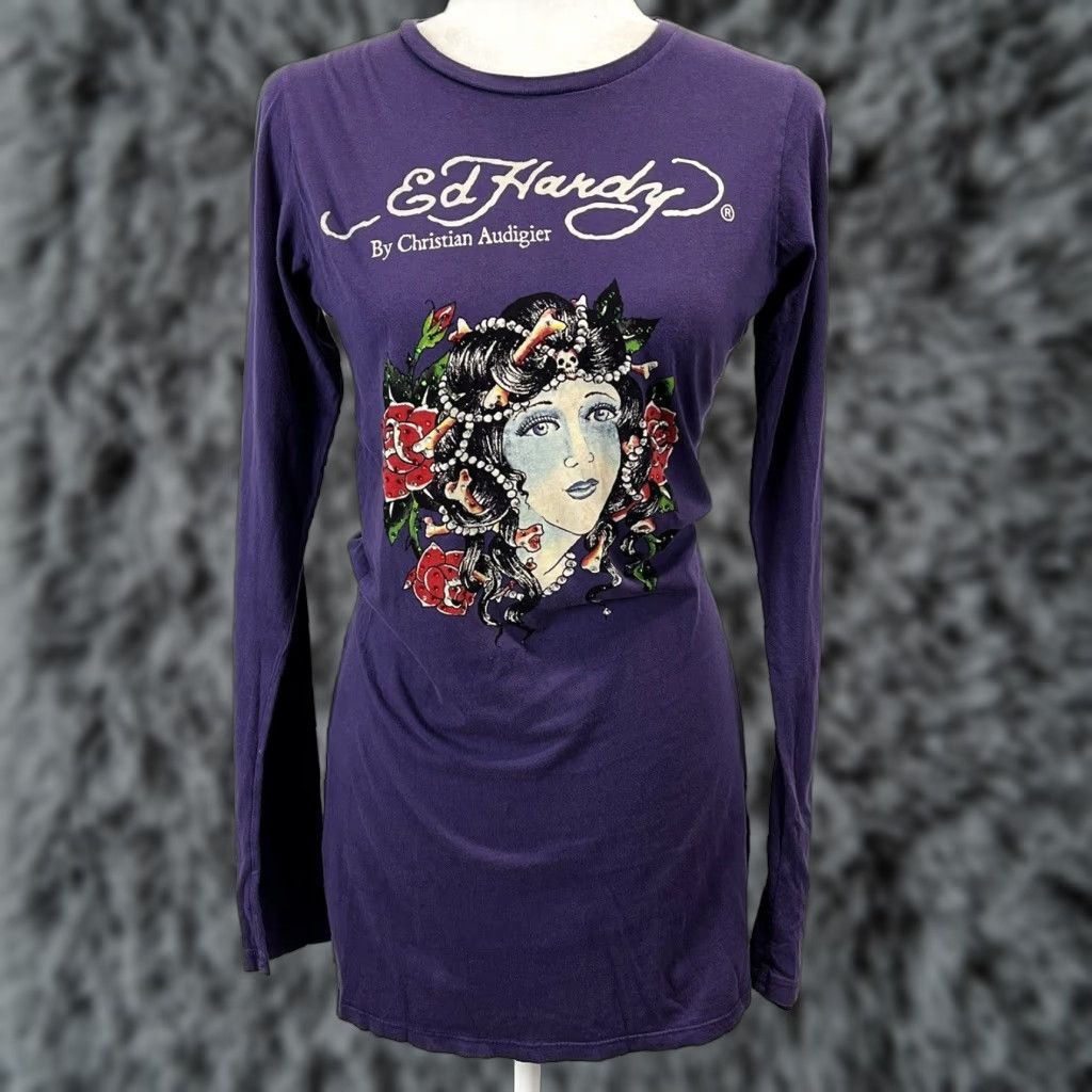 Ed Hardy VINTAGE Ed Hardy Women's Mini Dress Large Purple Casual 90s Tattoo Style Y2K Size L / US 10 / IT 46 - 1 Thumbnail