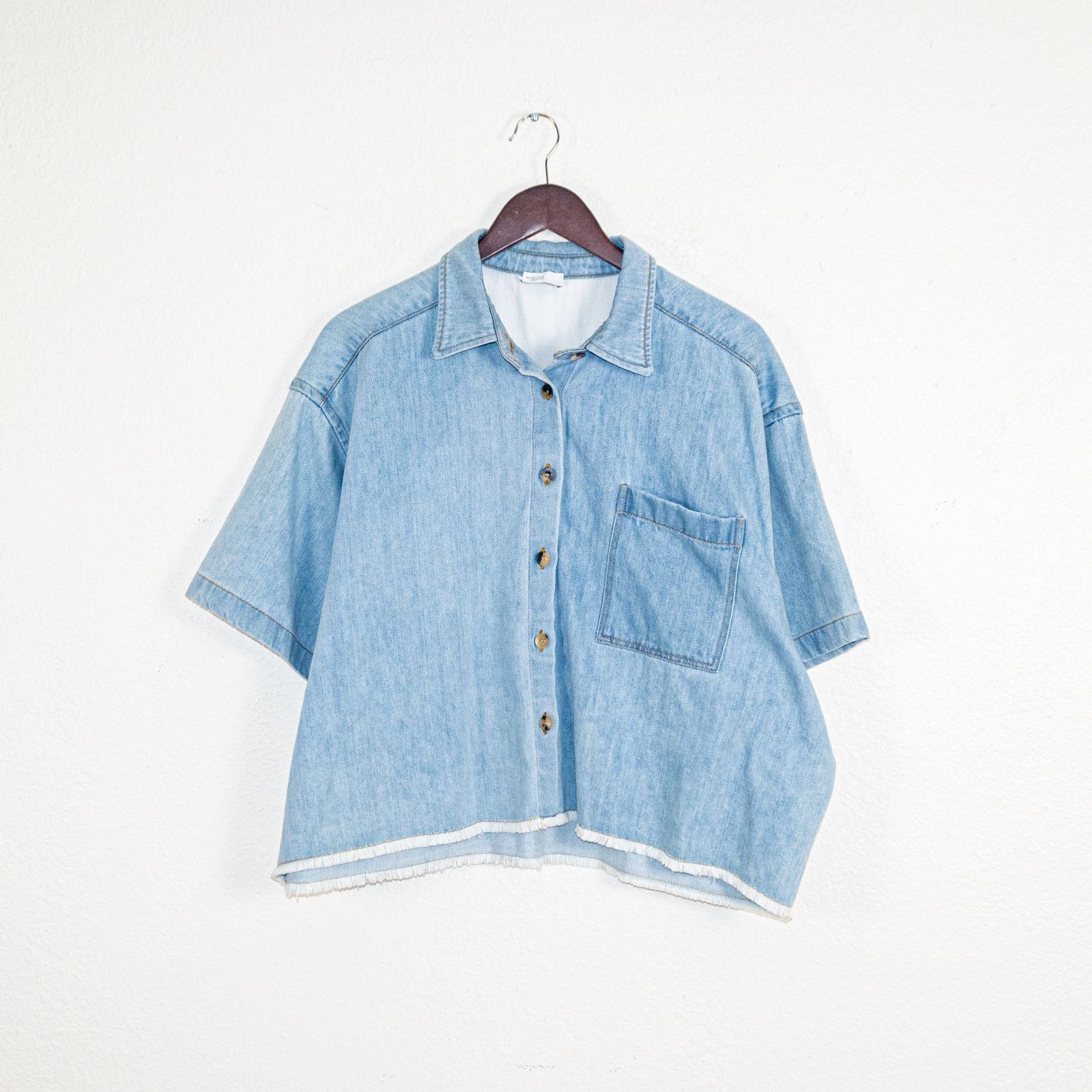 Rosetta Getty Rosetta Getty $730 Cropped Denim Shirt Mid Blue Wide Boxy Size ONE SIZE - 2 Thumbnail