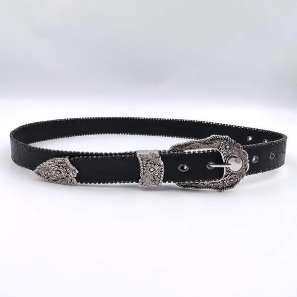 Vintage Black Crocodile Pattern Belt with Decorative Silver Buckle Size ONE SIZE - 8 Thumbnail