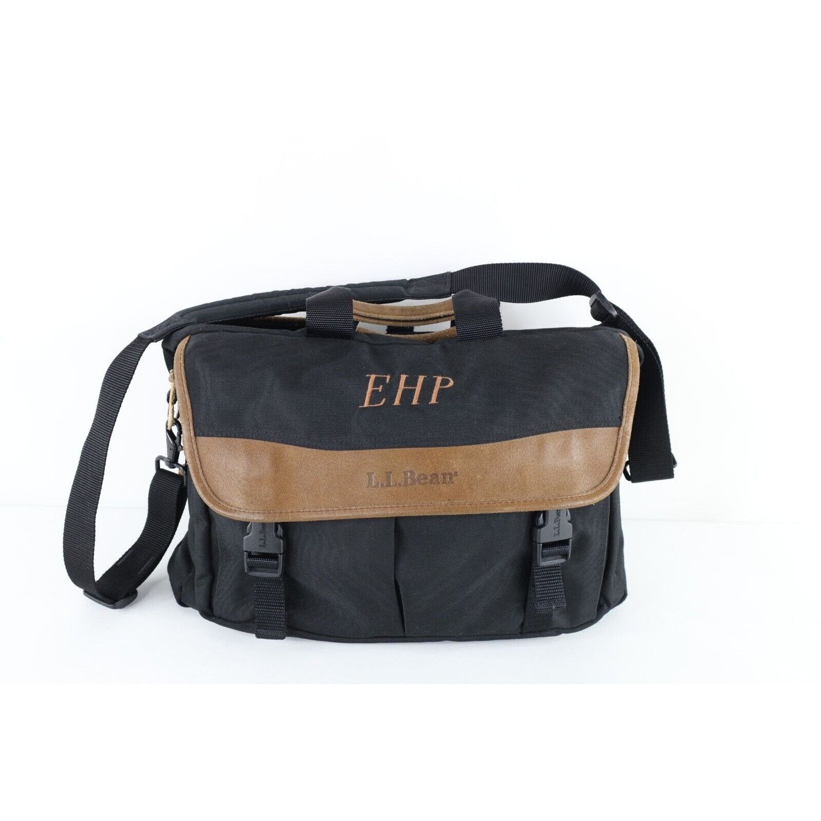 L.L. Bean × Vintage LL BEAN LEATHER HANDLE FADED BLACK TOTEBAG 