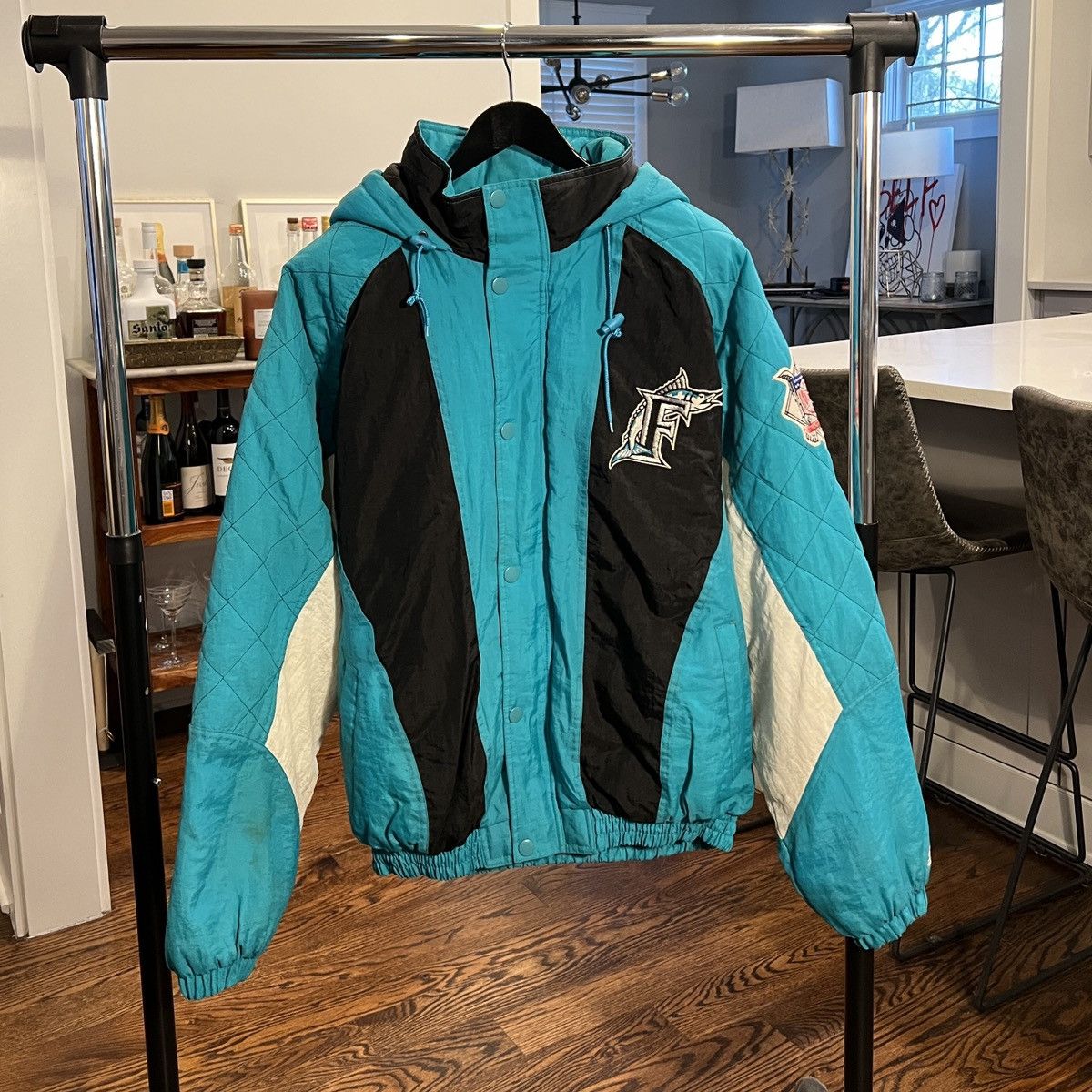 image of Vintage Starter Florida Marlins Quilted Puffer Coat in Blue, Men's (Size XL)