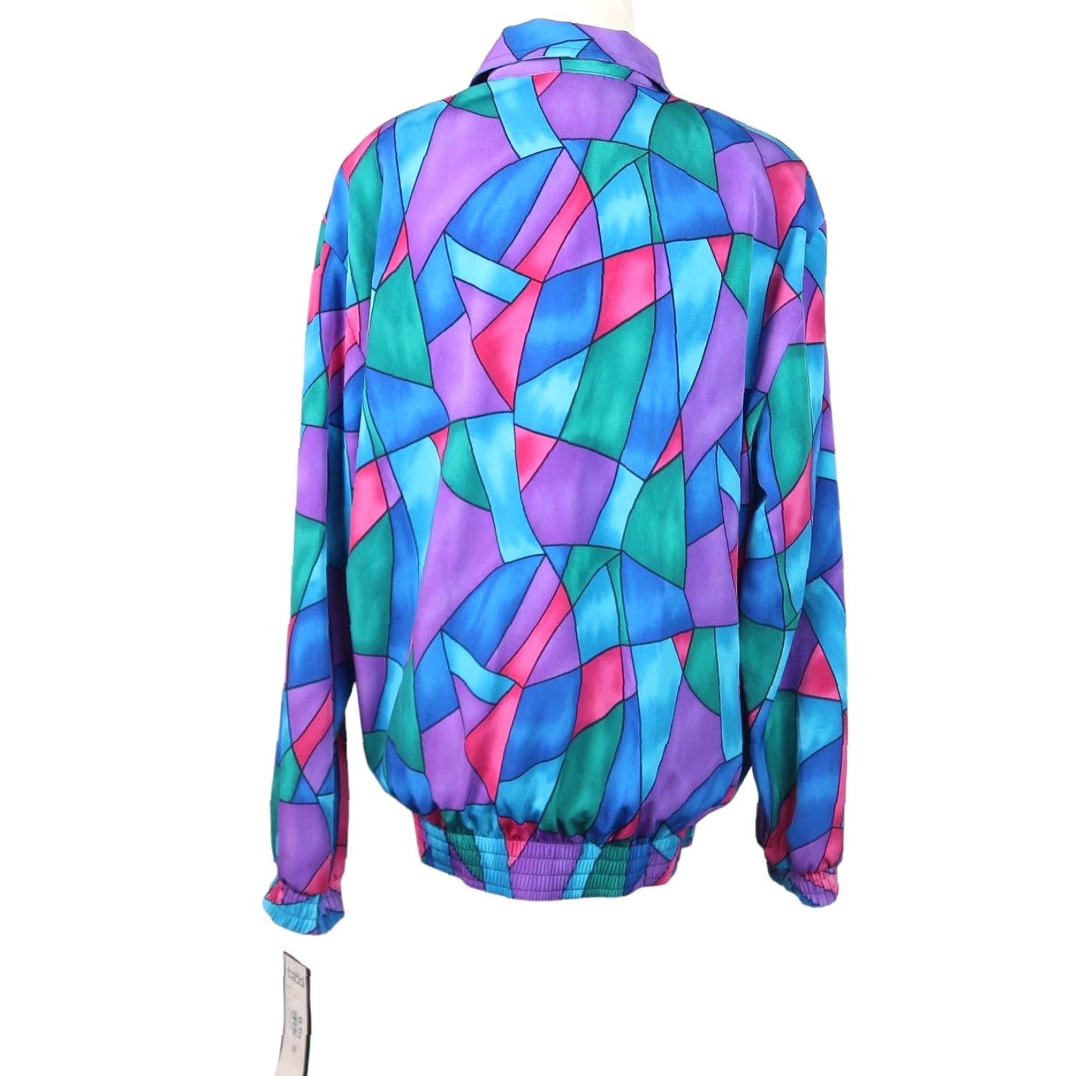 Vintage VINTAGE Teddi Jacket Women's M Short Sleeve Zip Blue Purple Stained Glass Geometric 90s Spring Fall Bomber Casual Patterns Size M / US 6-8 / IT 42-44 - 4 Thumbnail