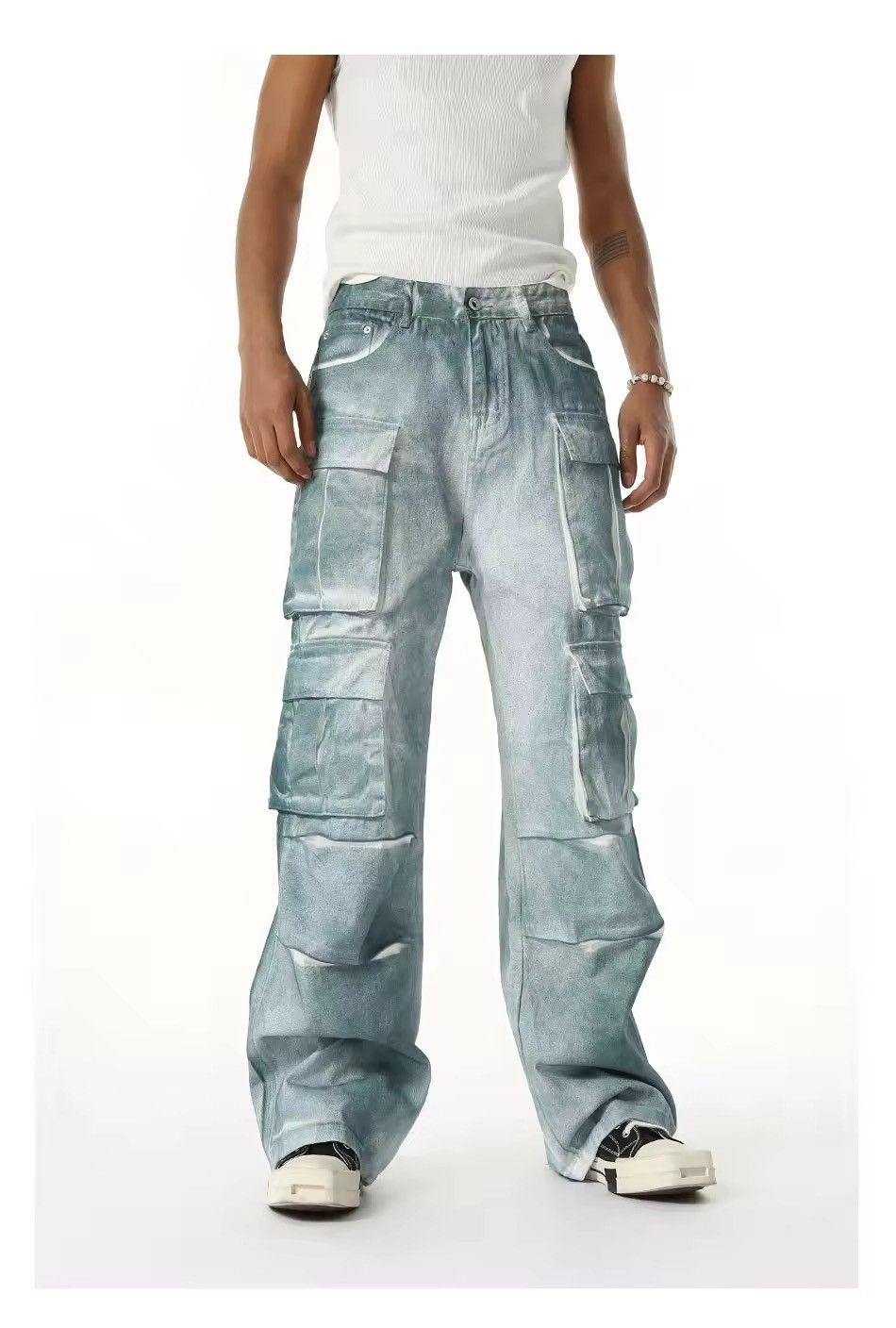 Jean Design Cargo Pockets Baggy Washed Y2k Jeans Size US 33 - 1 Thumbnail