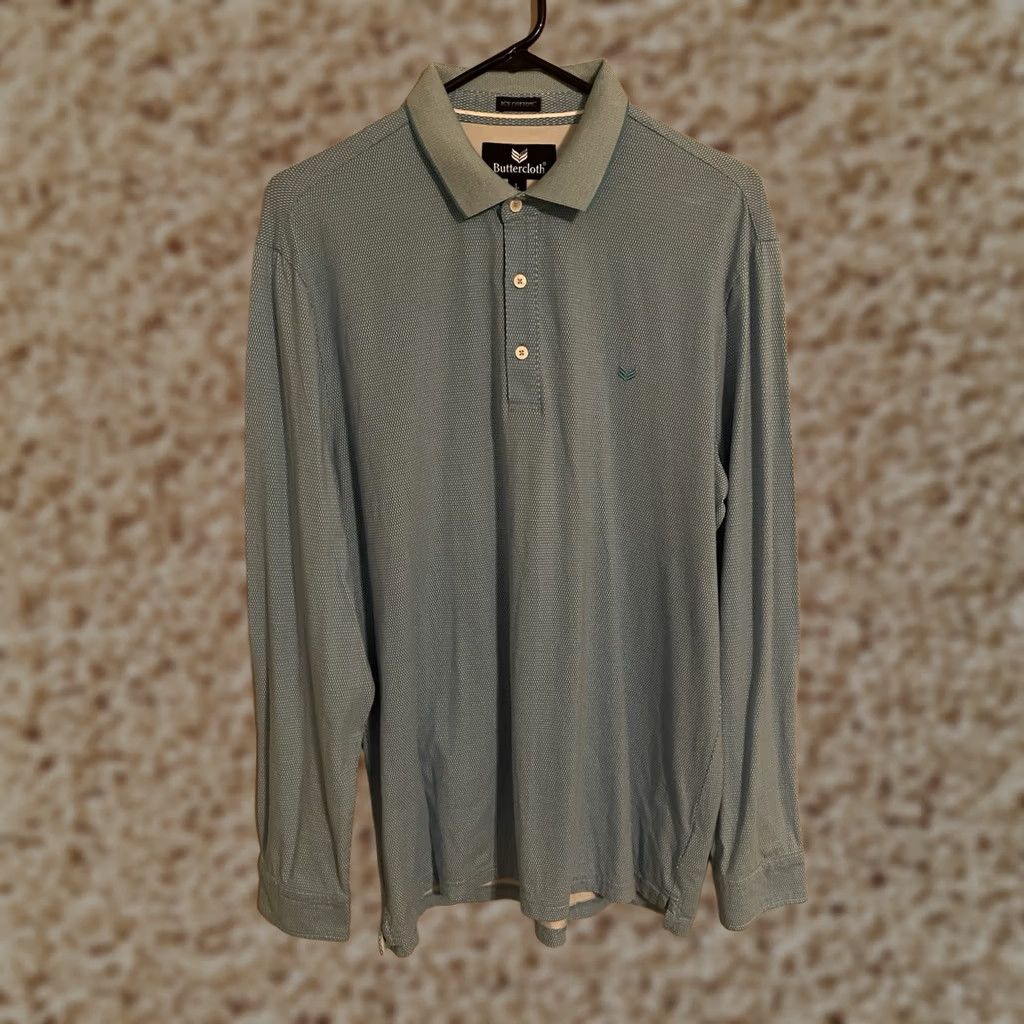Vintage Buttercloth Polo Shirt Men's Large Light Blue Geometric Icy Cotton L/S Size US L / EU 52-54 / 3 - 1 Thumbnail