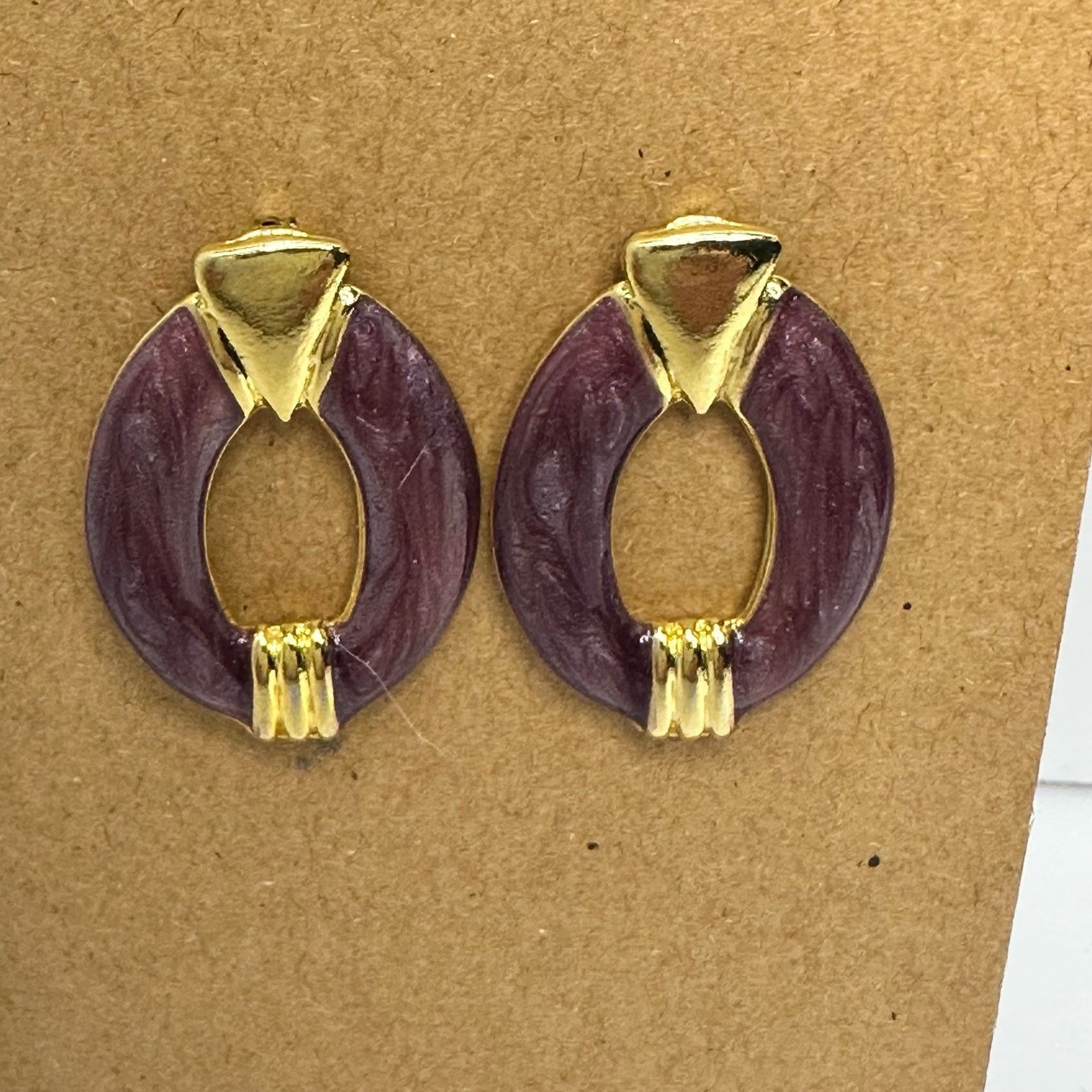Vintage 80's Oval Post Earrings Purple Sparkle Enamel and Gold Stud Size ONE SIZE - 4 Thumbnail