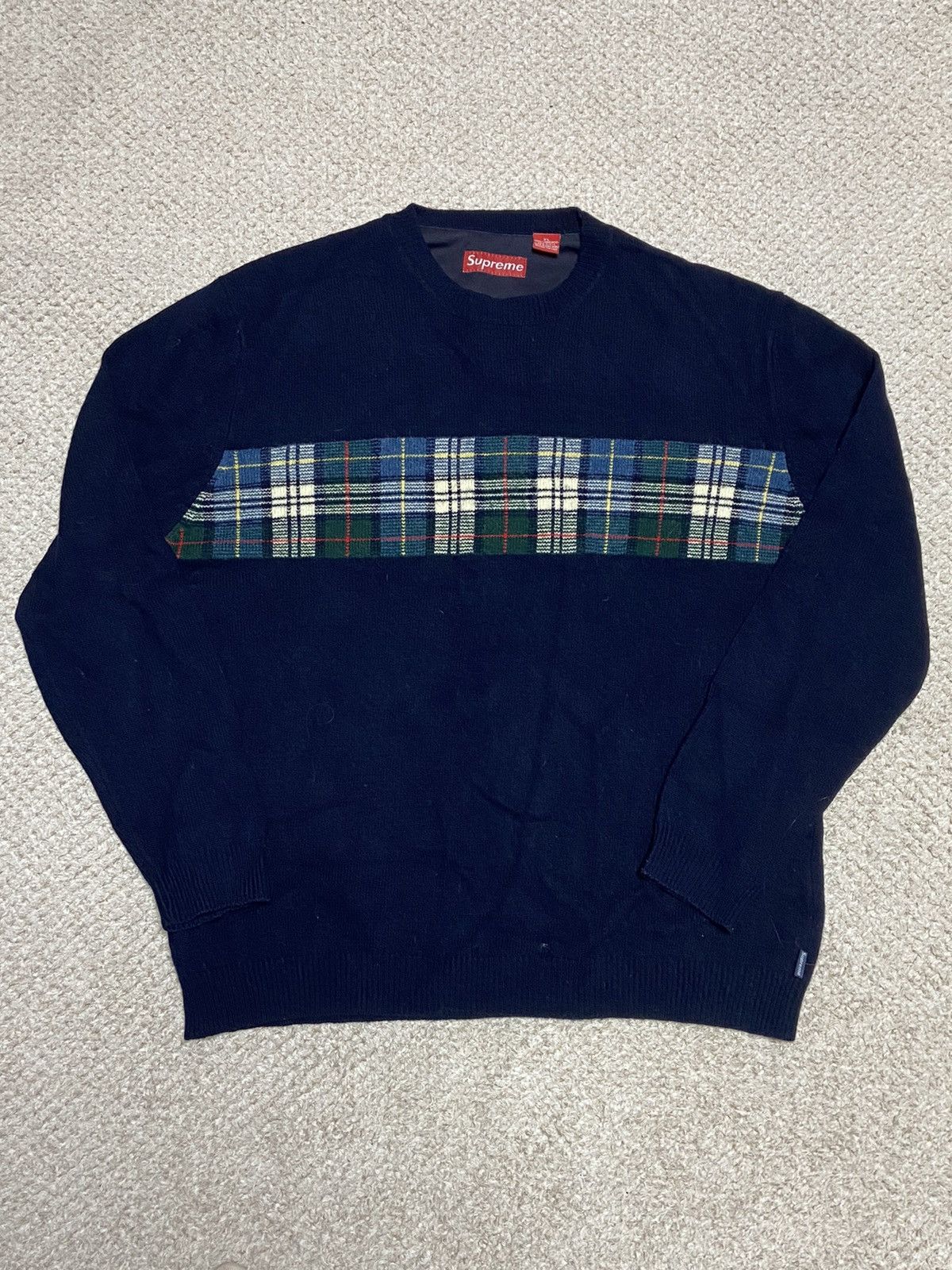 image of Supreme 1998 Plaid Wool Sweater in Navy, Men's (Size XL)