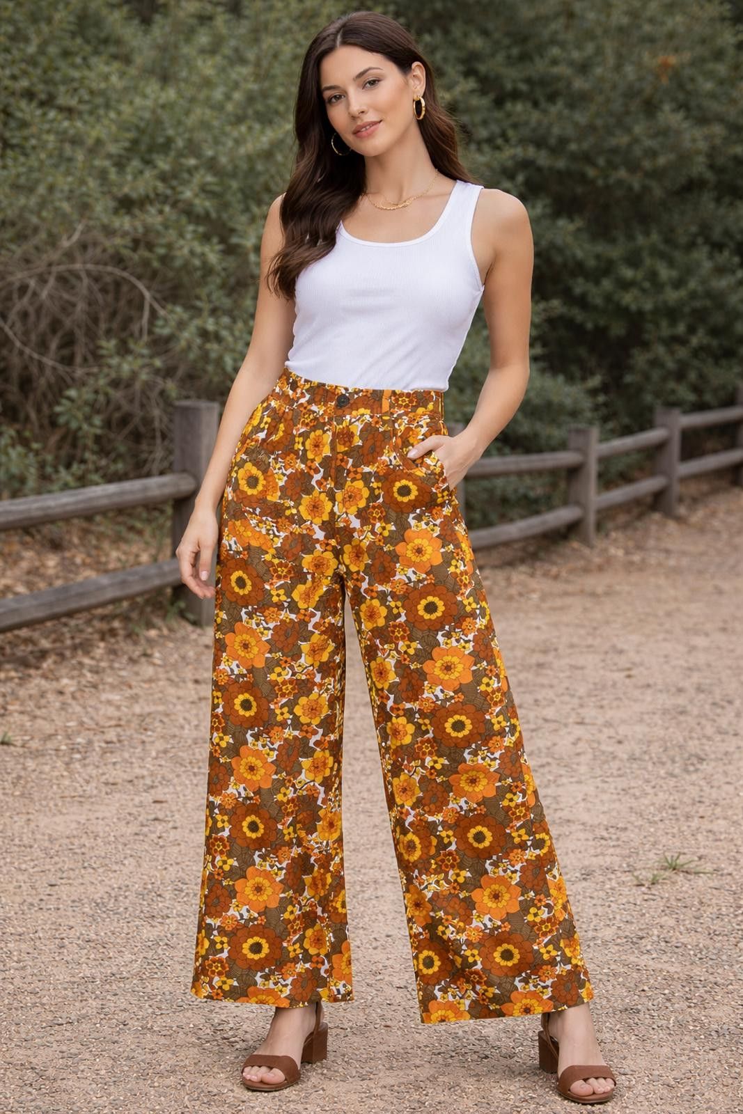 Other Vintage 70s Floral Wide Leg Pants Her Pony Rayon 6 Size 28" / US 6 / IT 42 - 1 Thumbnail